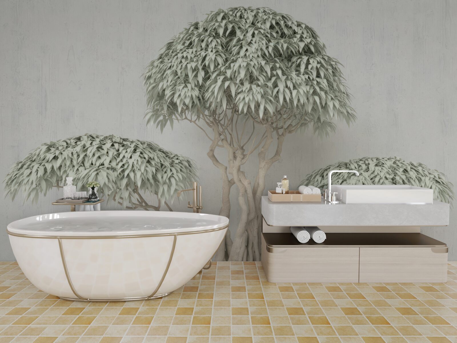 Фотошпалери дерево з листям на сірому тлі