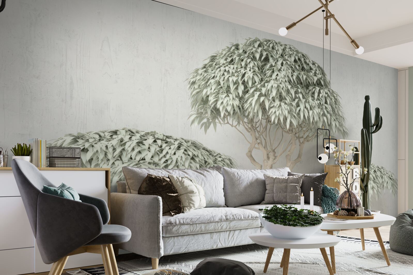 Фотошпалери дерево з листям на сірому тлі