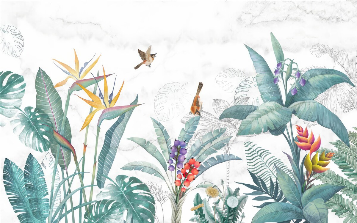 Фотошпалери різноманітне листя та птахи