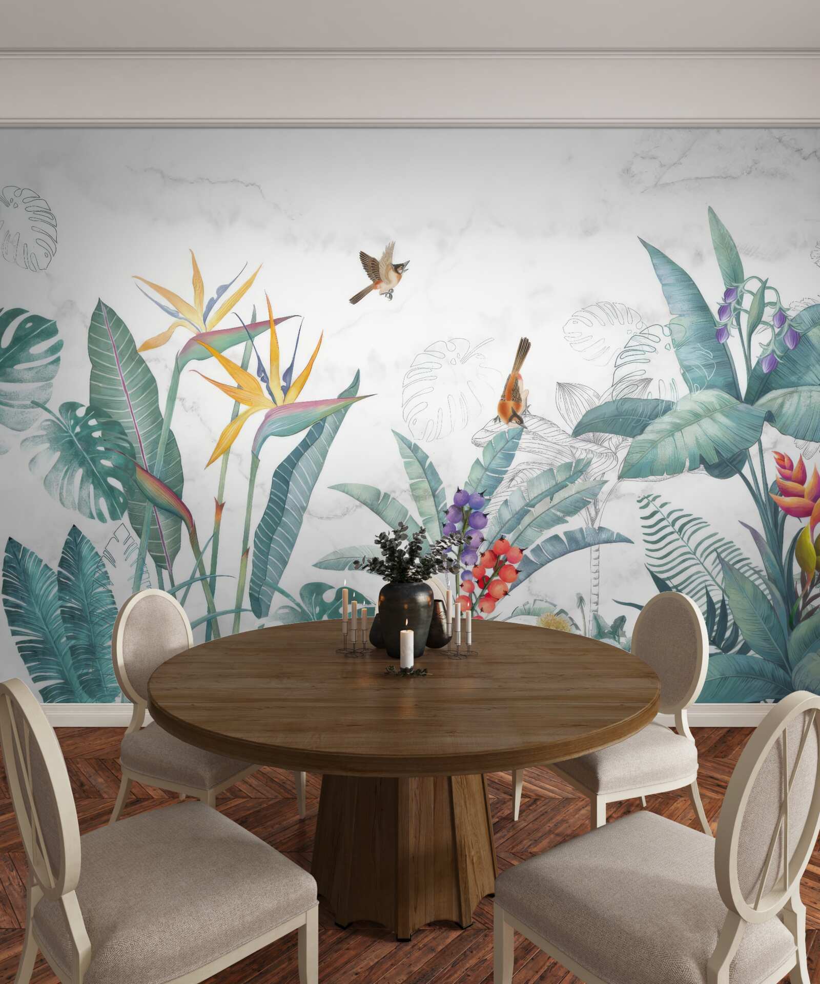 Фотошпалери різноманітне листя та птахи