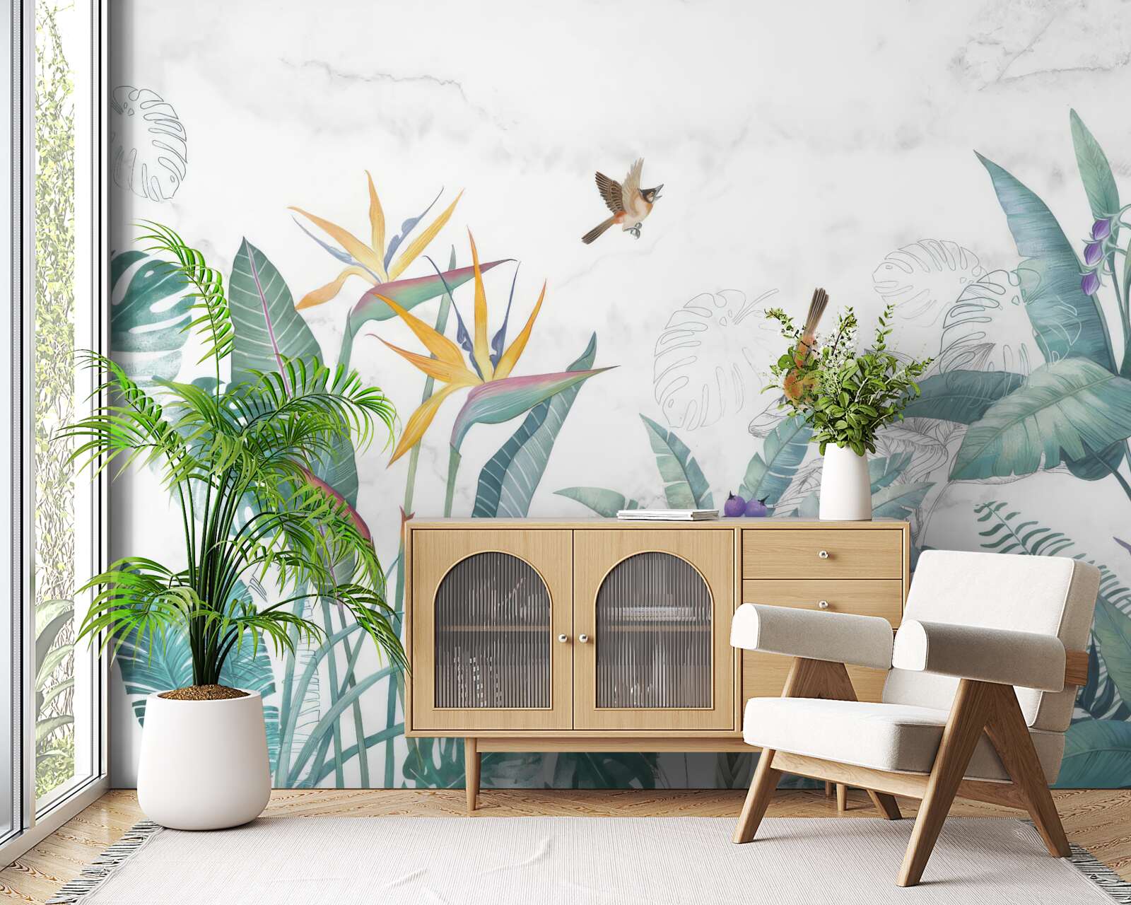 Фотошпалери різноманітне листя та птахи