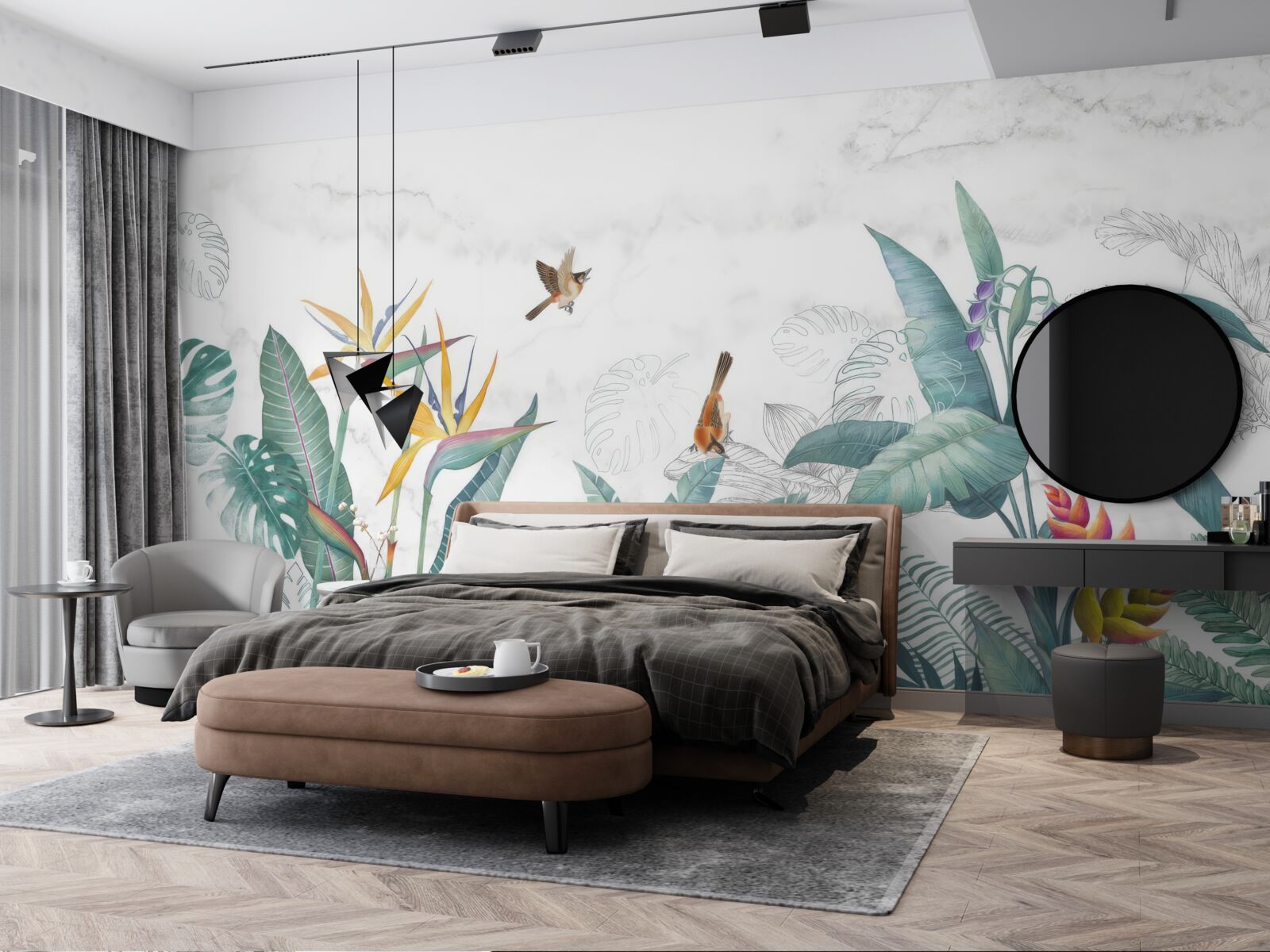 Фотошпалери різноманітне листя та птахи