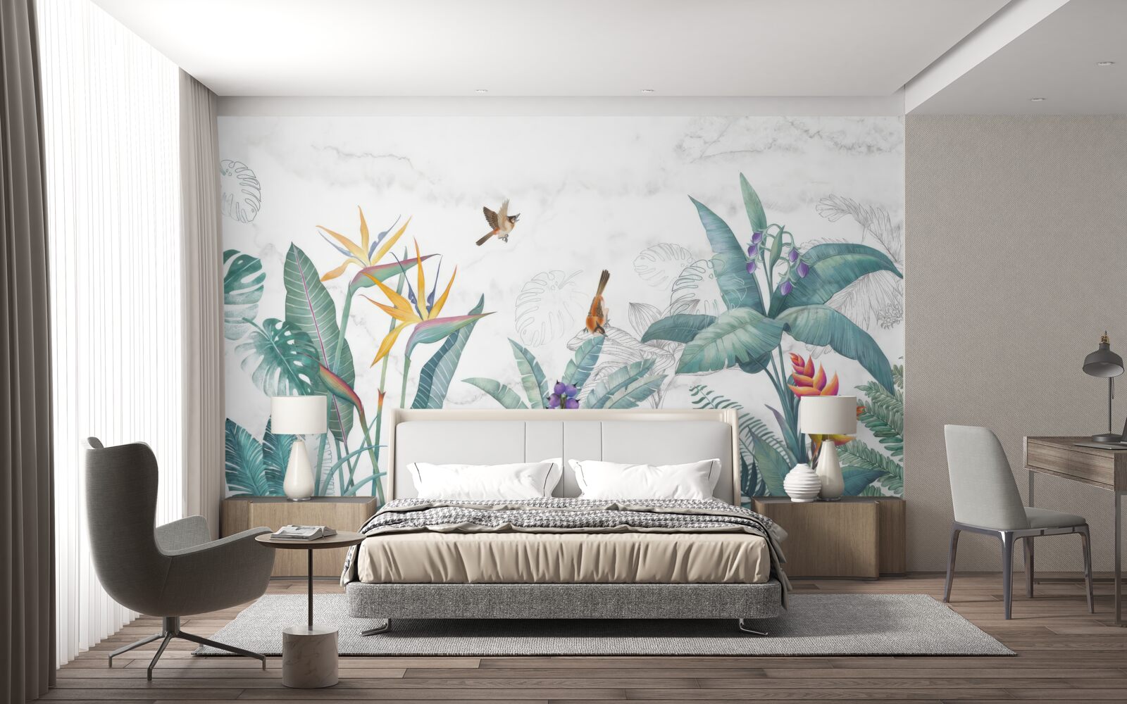 Фотошпалери різноманітне листя та птахи