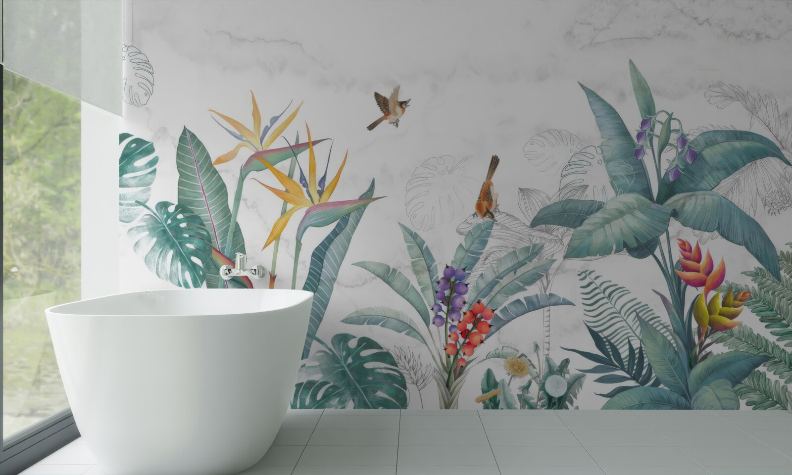 Фотошпалери різноманітне листя та птахи