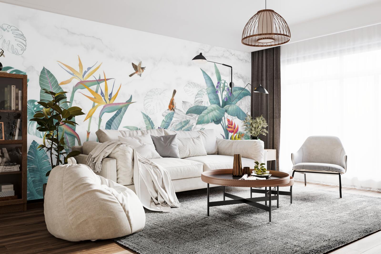 Фотошпалери різноманітне листя та птахи