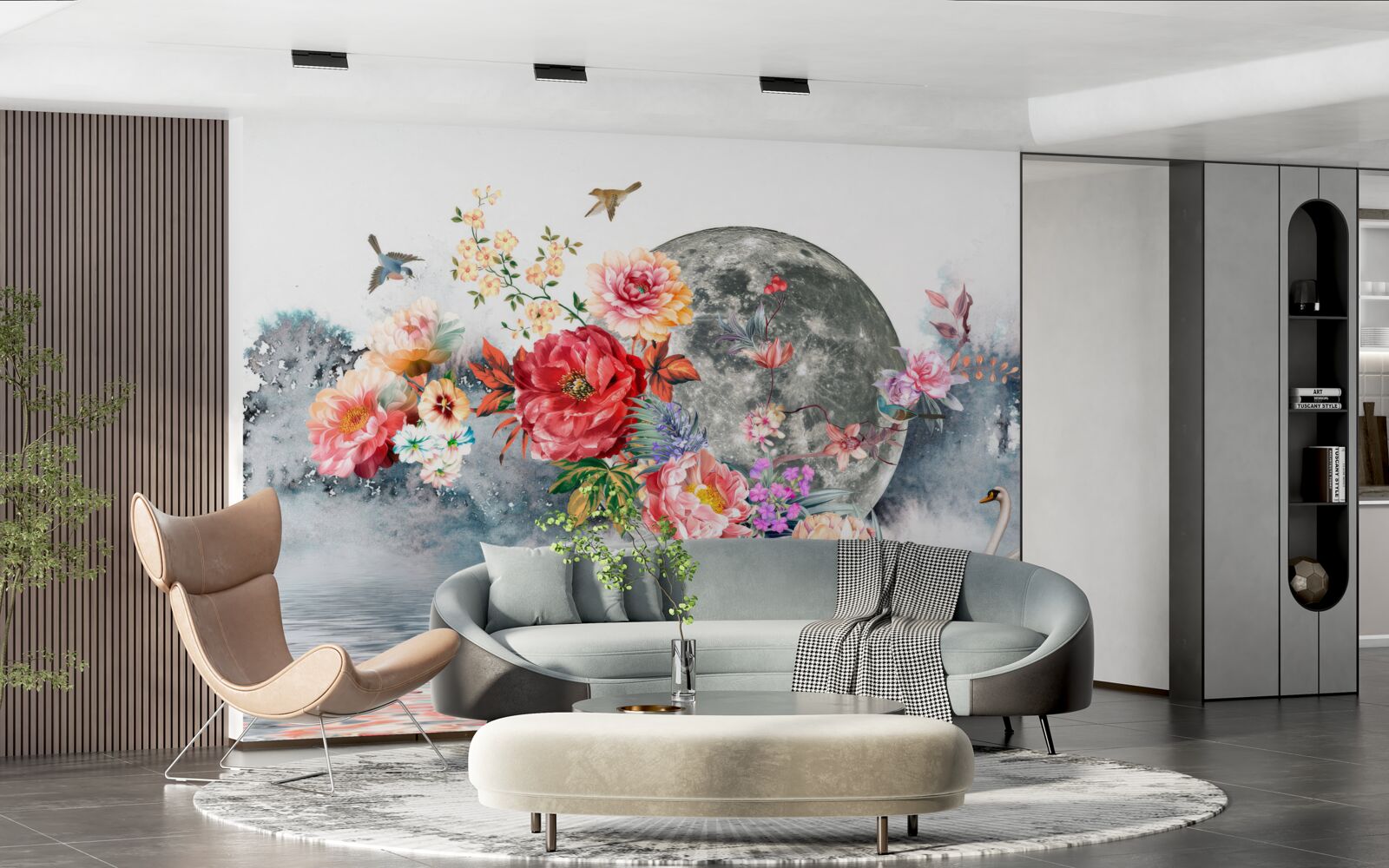 Фотошпалери квіти, повний місяць і птахи