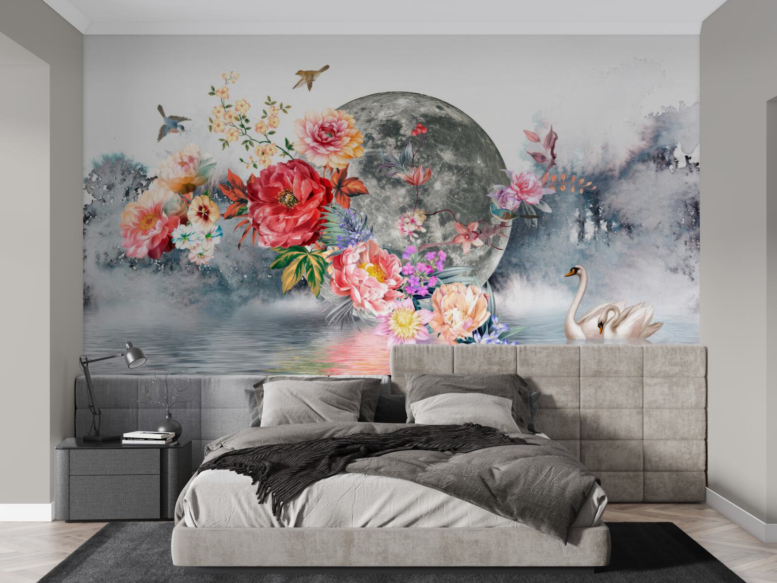 Фотошпалери квіти, повний місяць і птахи