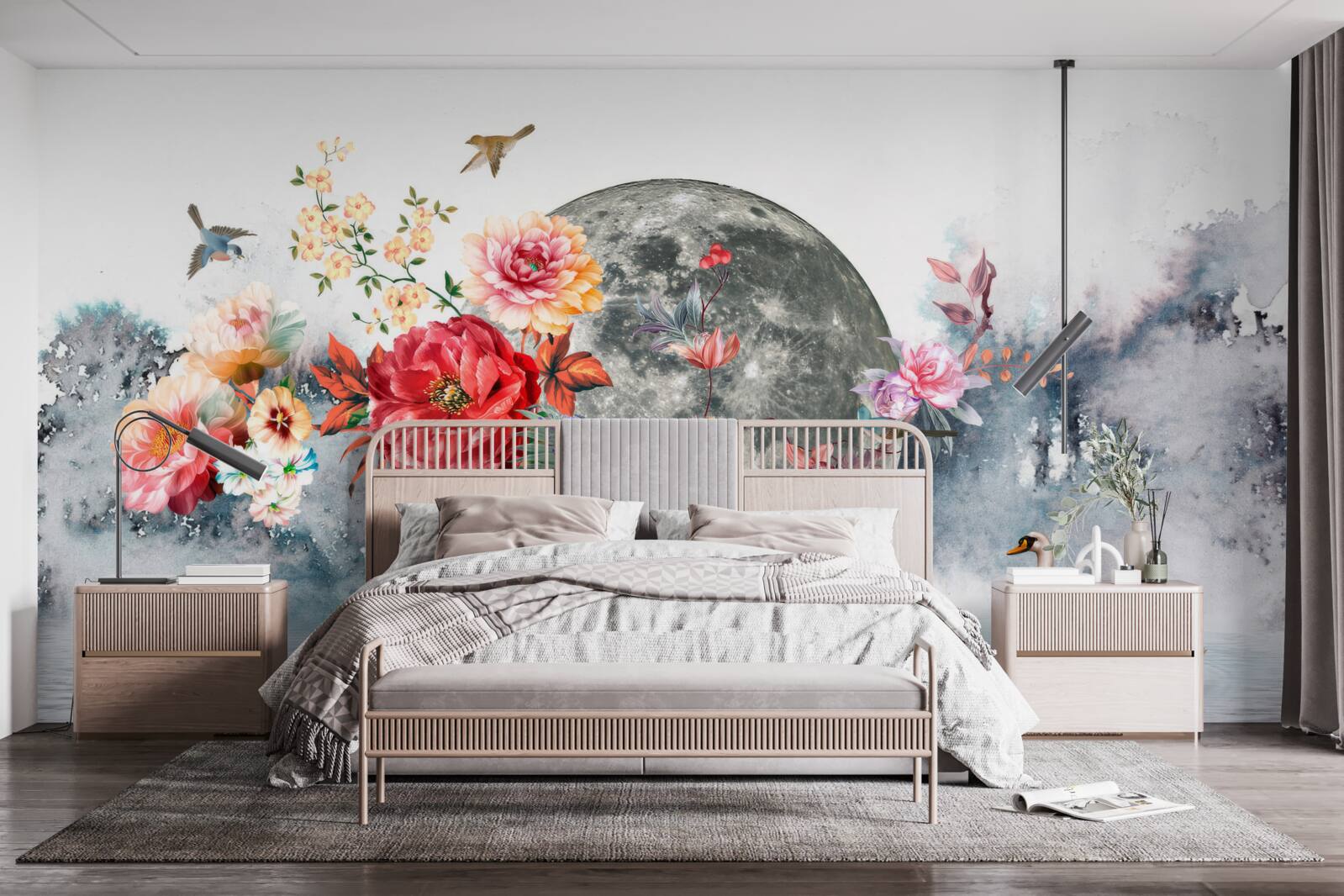 Фотошпалери квіти, повний місяць і птахи