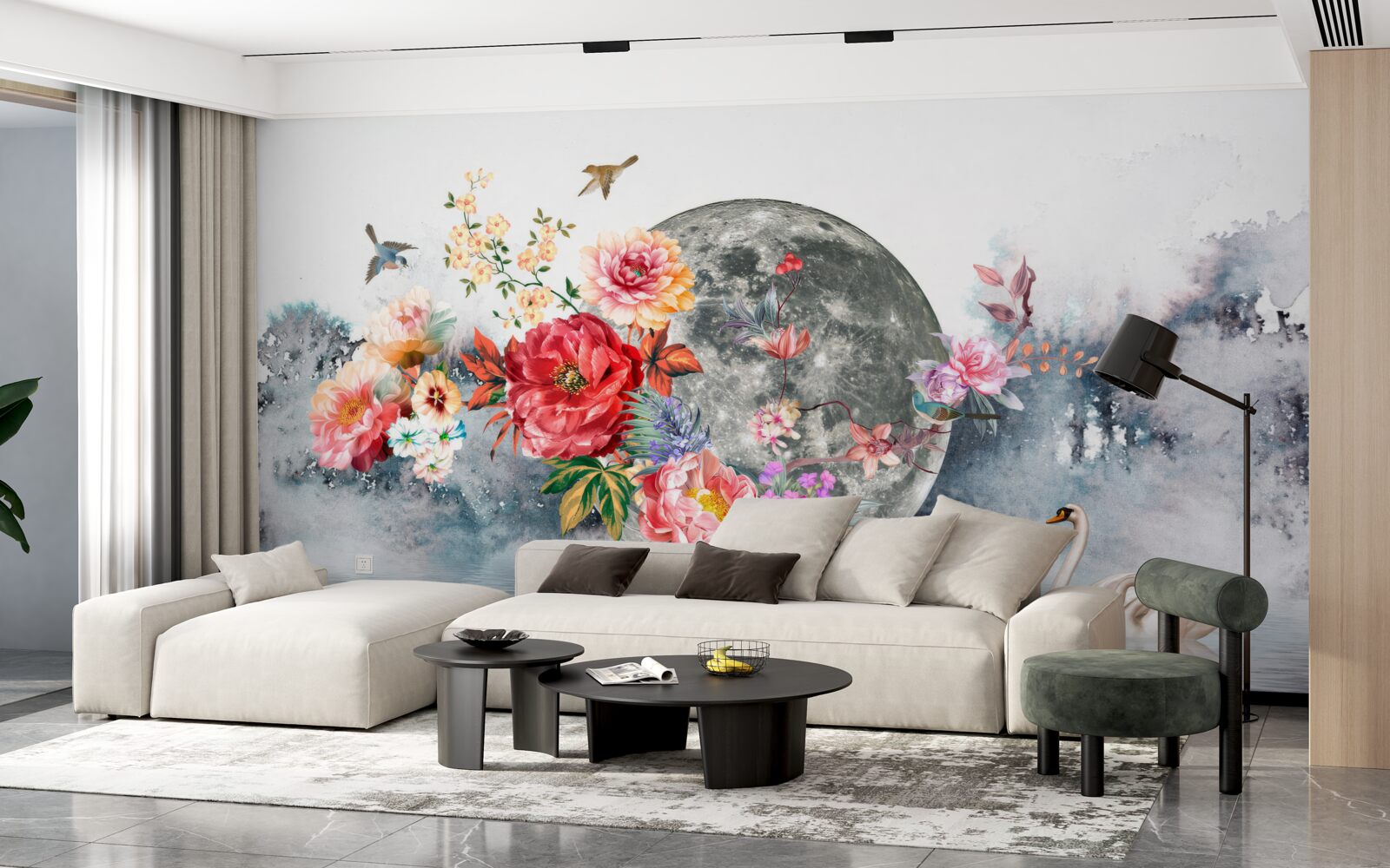 Фотошпалери квіти, повний місяць і птахи