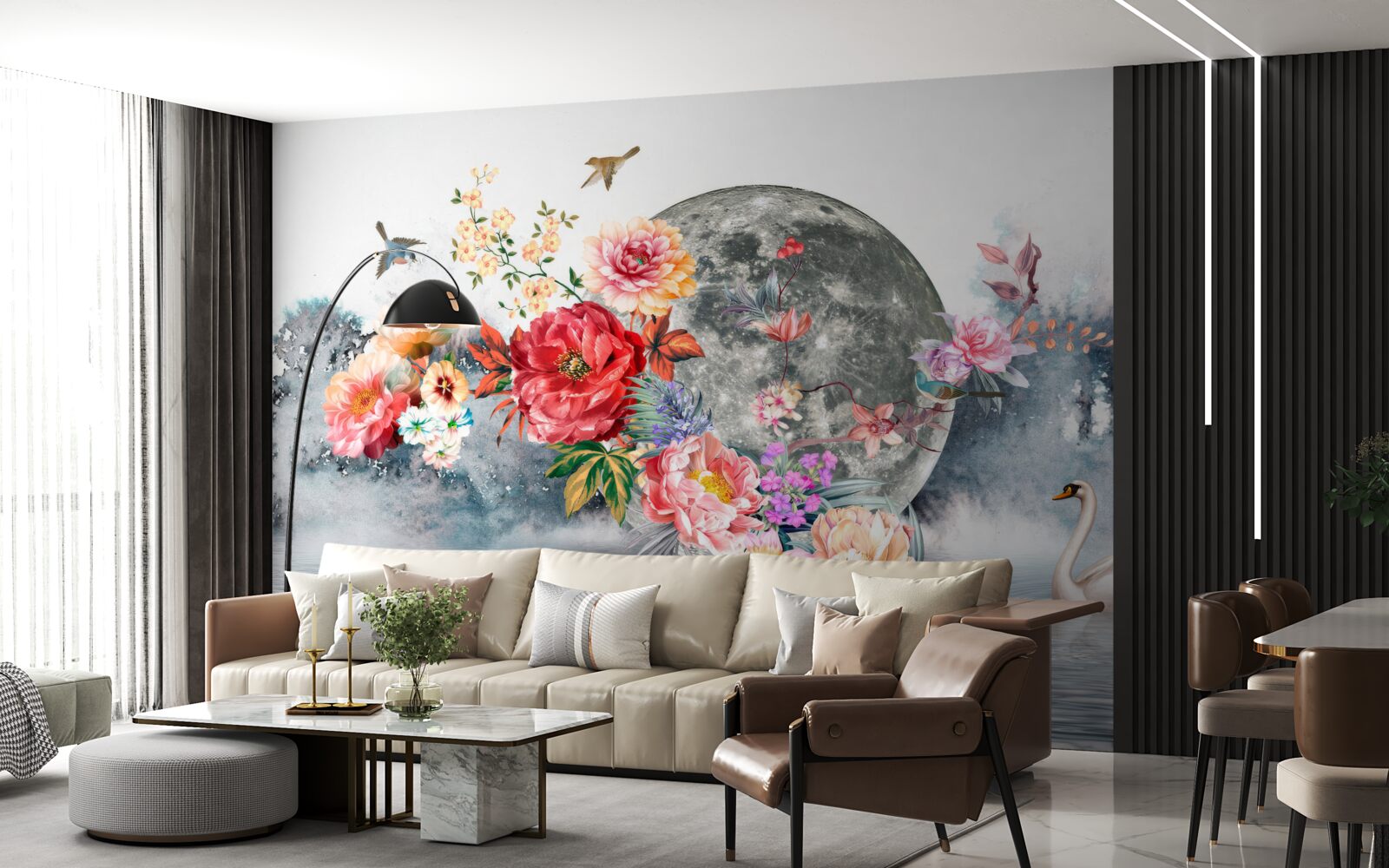 Фотошпалери квіти, повний місяць і птахи