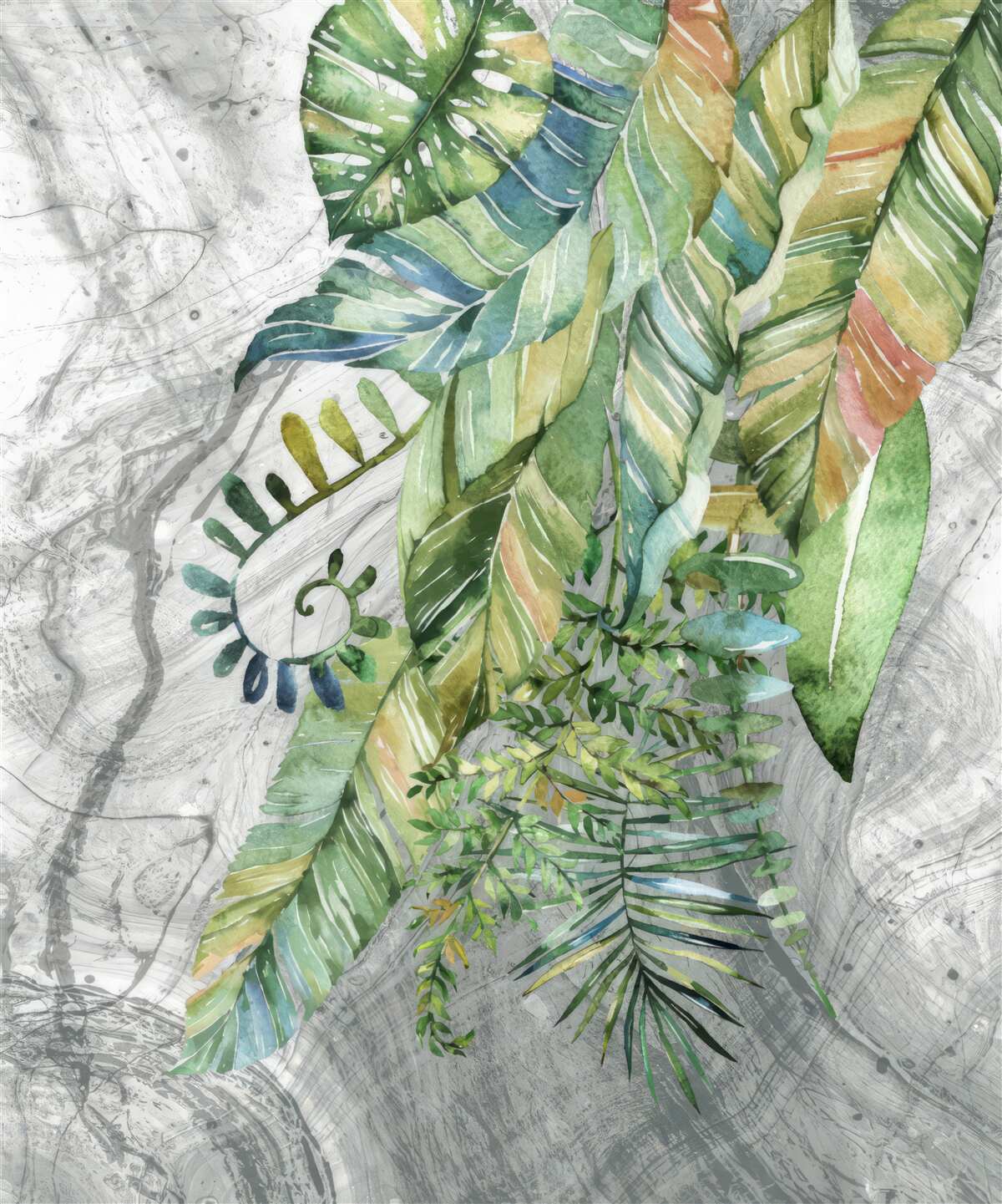 Фотошпалери листя різних видів на сірому тлі