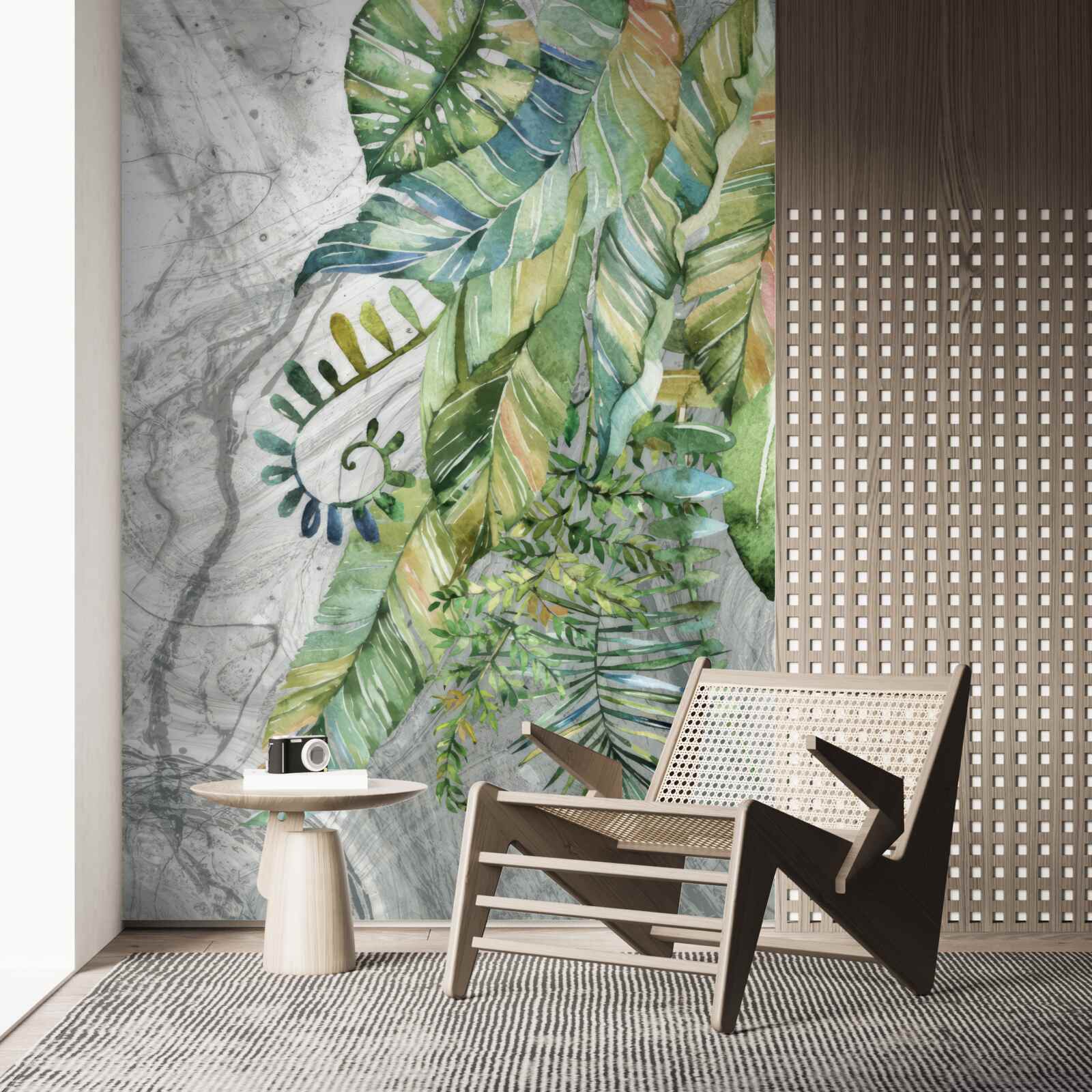 Фотошпалери листя різних видів на сірому тлі