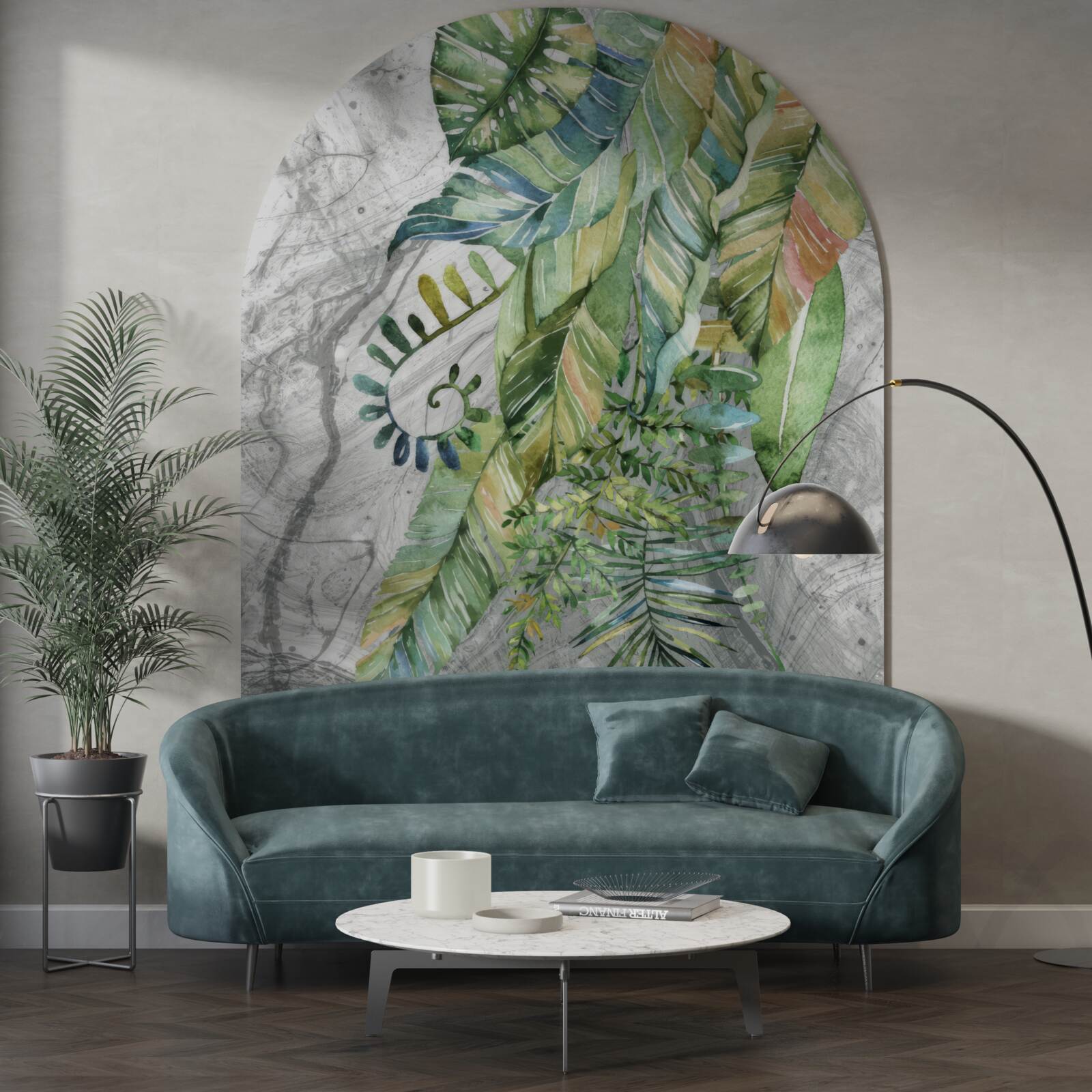 Фотошпалери листя різних видів на сірому тлі