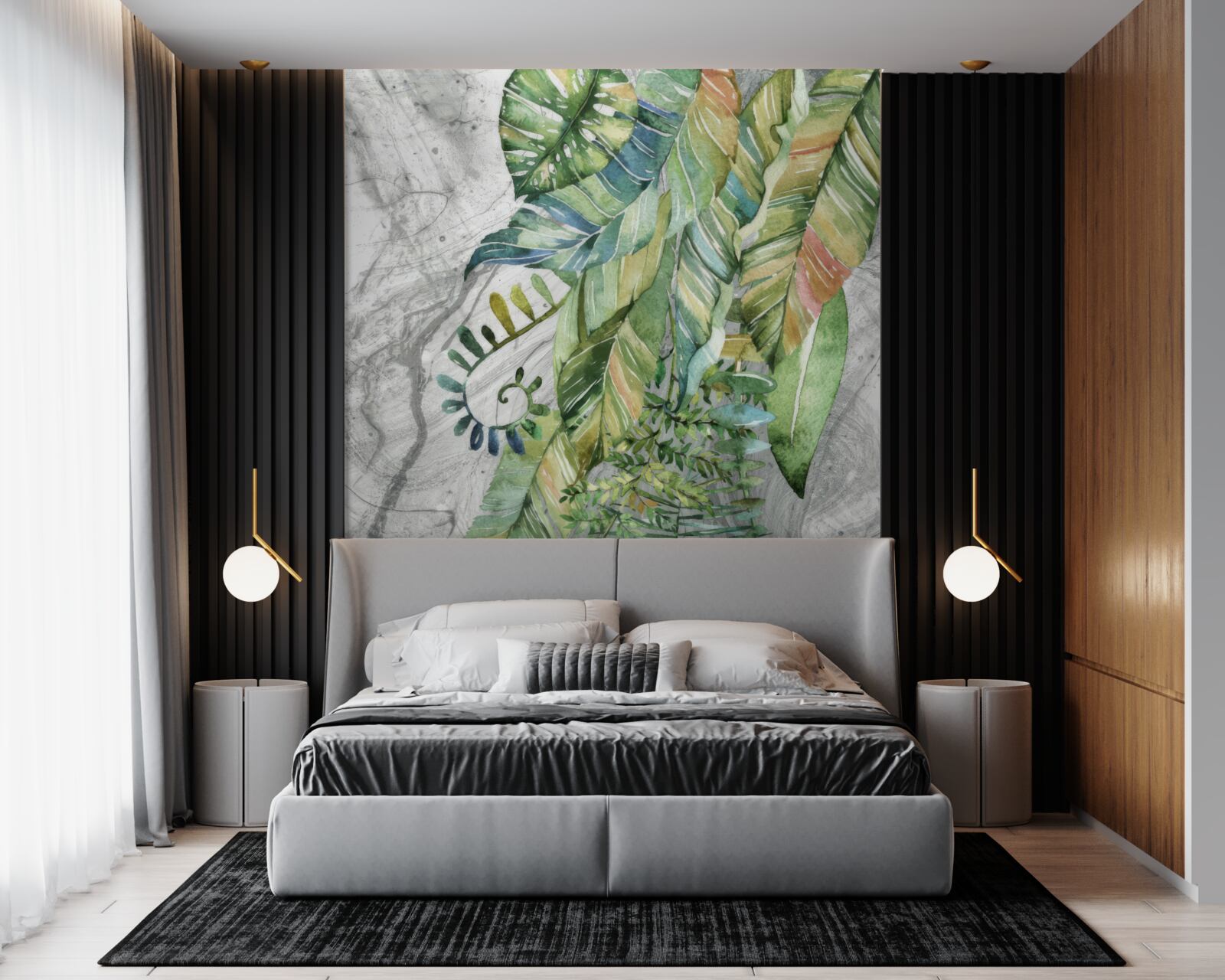 Фотошпалери листя різних видів на сірому тлі