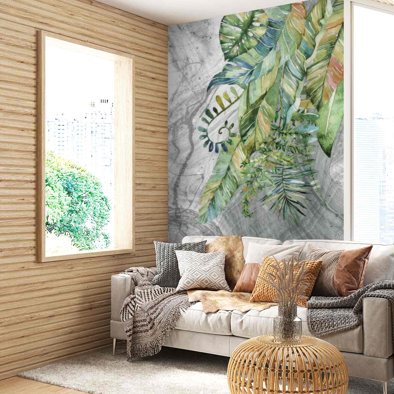 Фотошпалери листя різних видів на сірому тлі