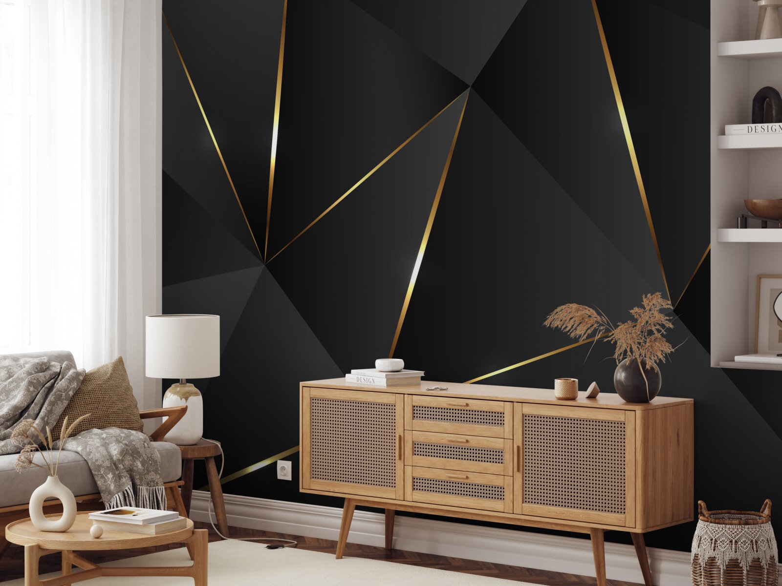 Фотошпалери об'ємні фігури у відтінках чорного та золотого