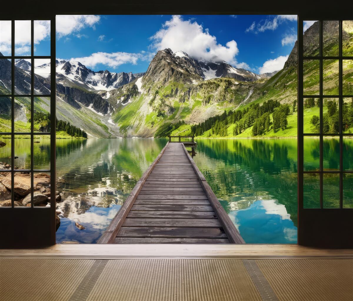 Фотошпалери пейзаж гір, що відкривається з вікна