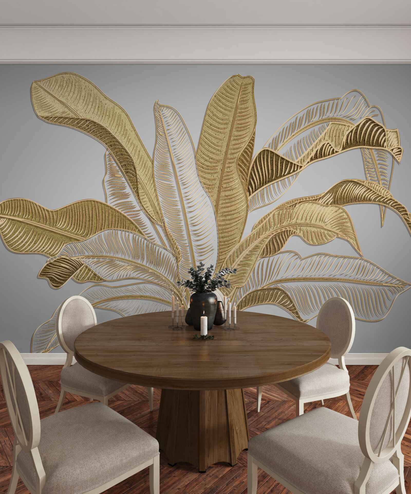 Фотошпалери листя з незвичайними золотистими та білими тонами