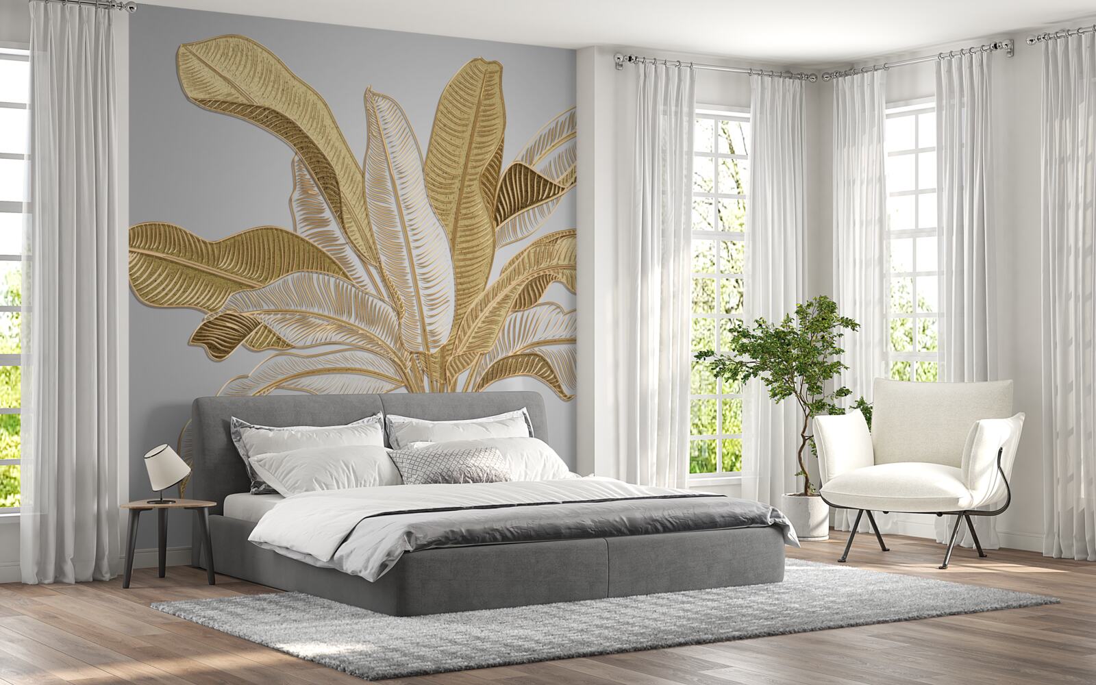 Фотошпалери листя з незвичайними золотистими та білими тонами