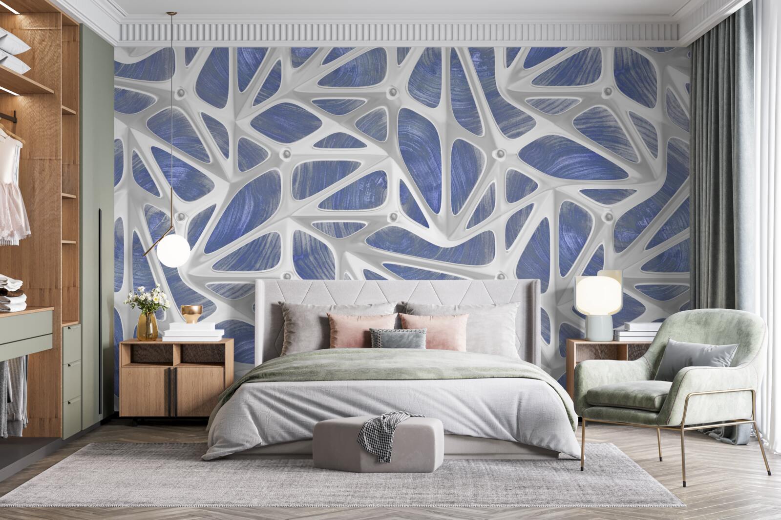 Фотошпалери білі локони на синьому тлі