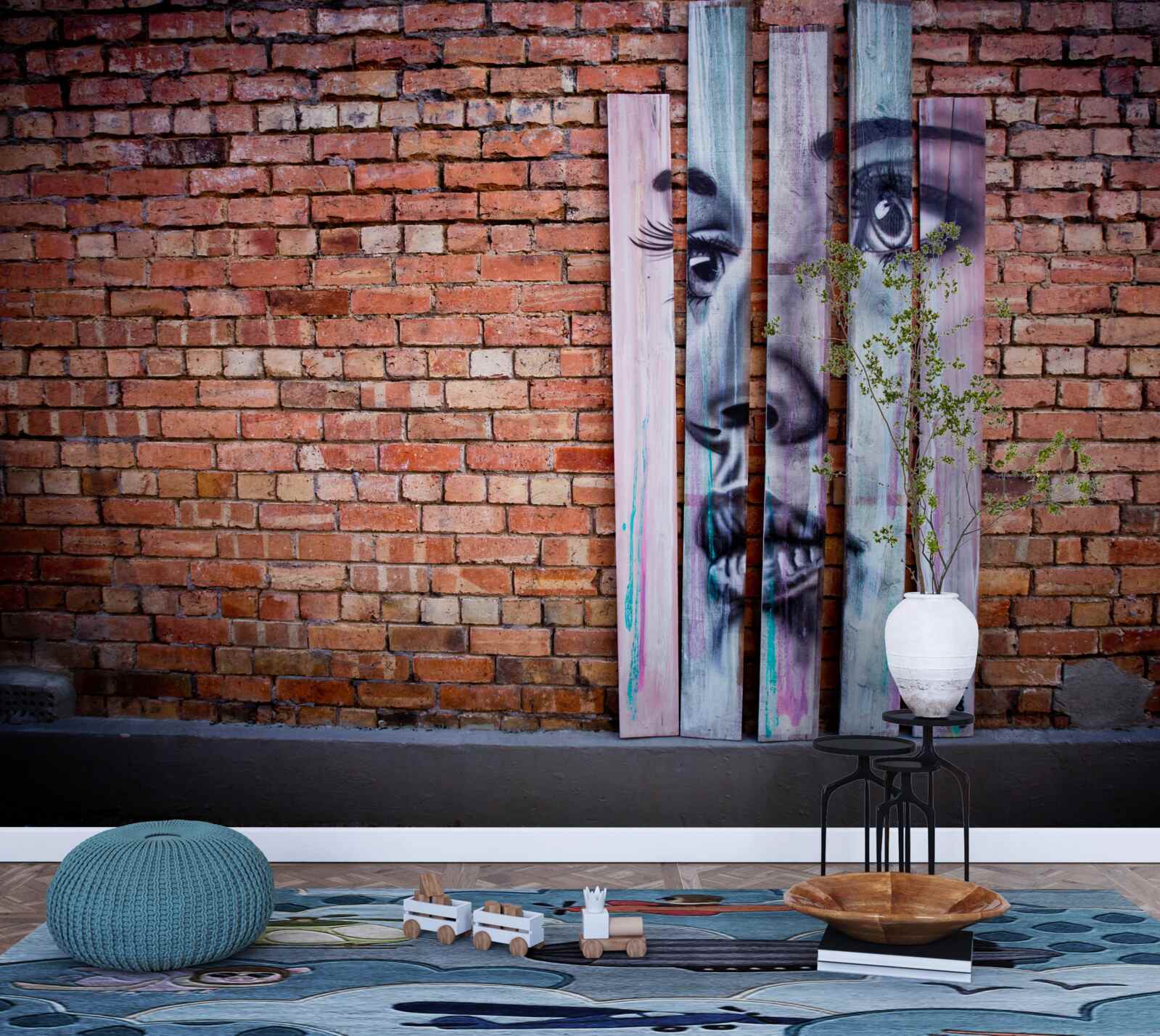 Фотошпалери зображення жінки на червоній цегляній стіні