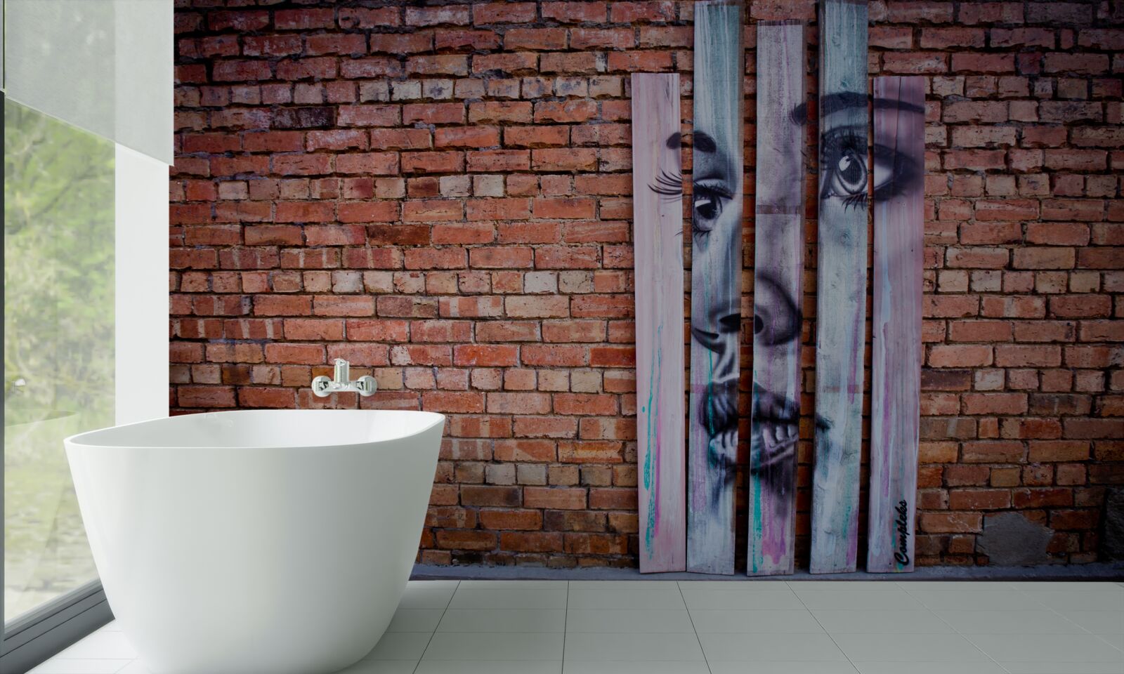 Фотошпалери зображення жінки на червоній цегляній стіні