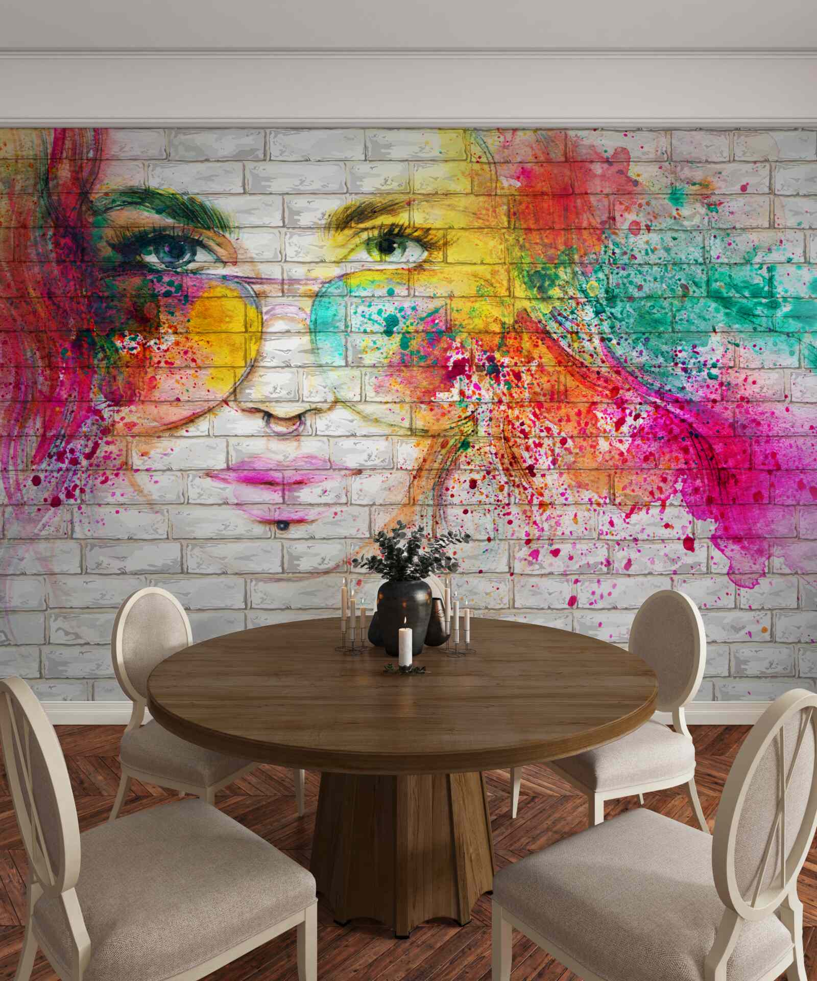 Фотошпалери зображення дівчини в окулярах на білосніжній цегляній стіні