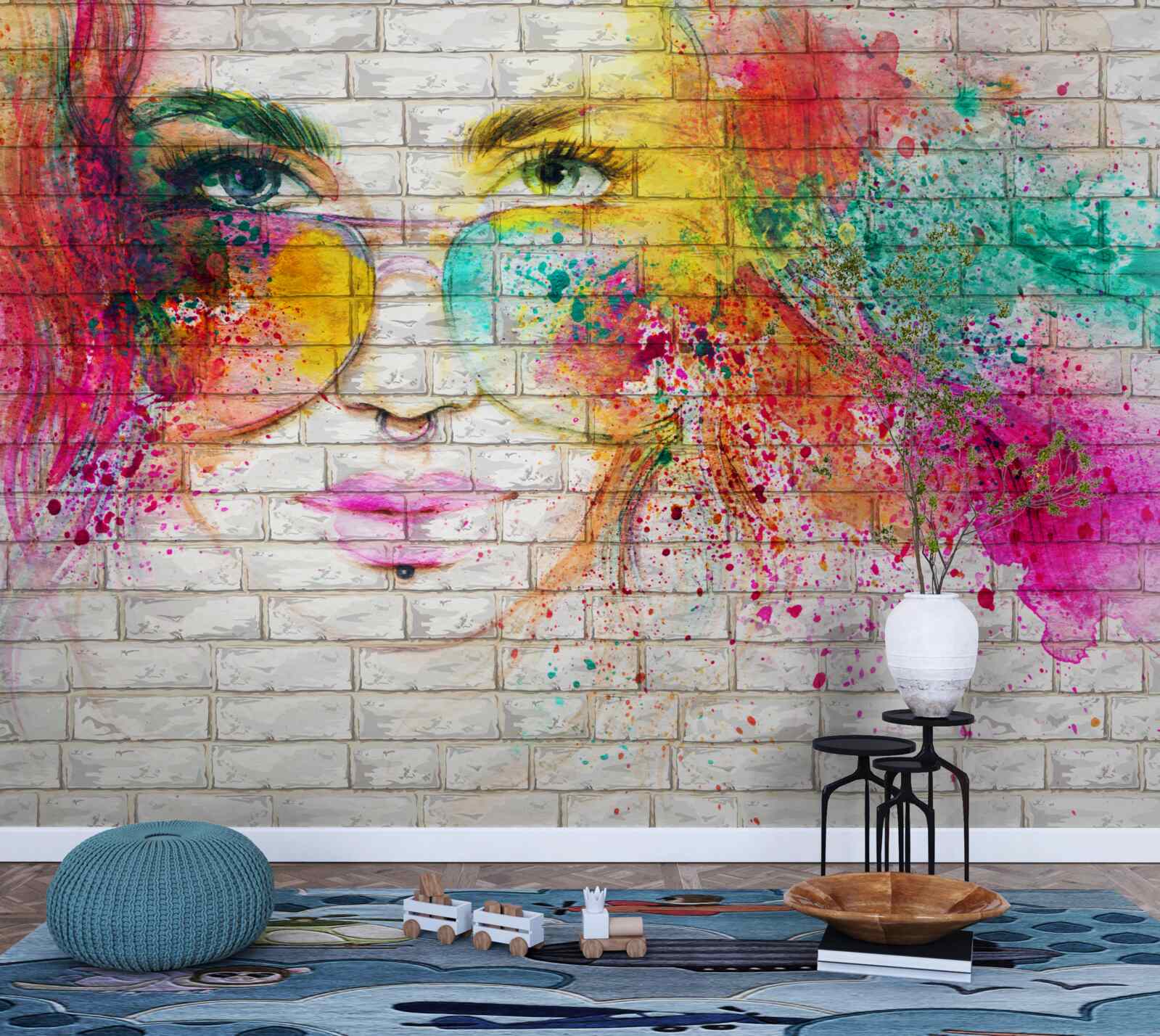 Фотошпалери зображення дівчини в окулярах на білосніжній цегляній стіні