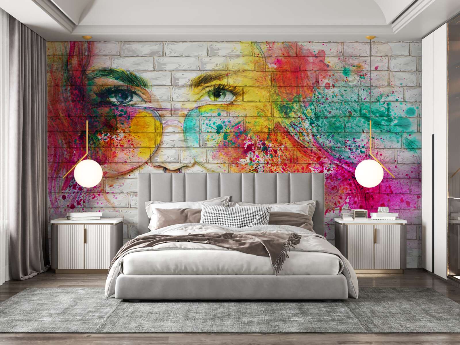 Фотошпалери зображення дівчини в окулярах на білосніжній цегляній стіні