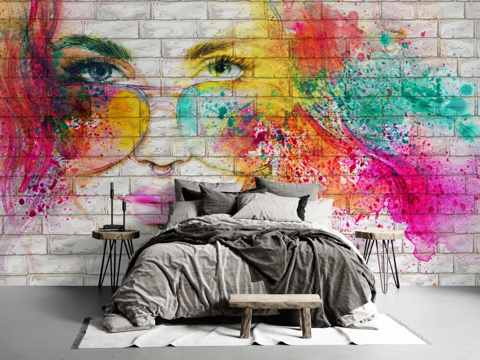 Фотошпалери зображення дівчини в окулярах на білосніжній цегляній стіні