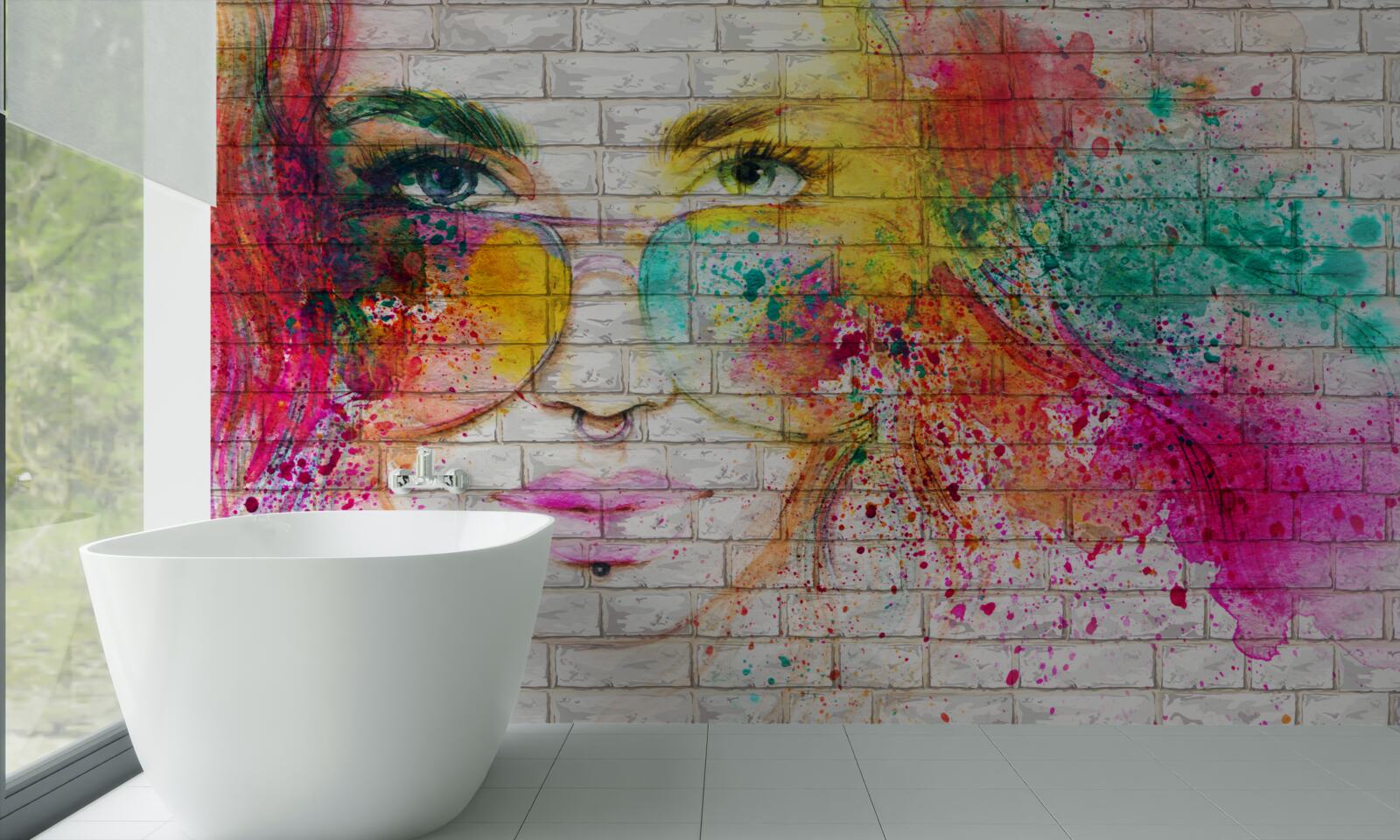 Фотошпалери зображення дівчини в окулярах на білосніжній цегляній стіні