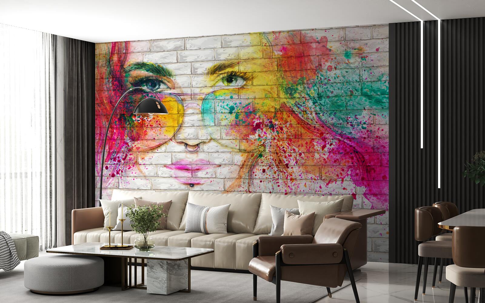 Фотошпалери зображення дівчини в окулярах на білосніжній цегляній стіні