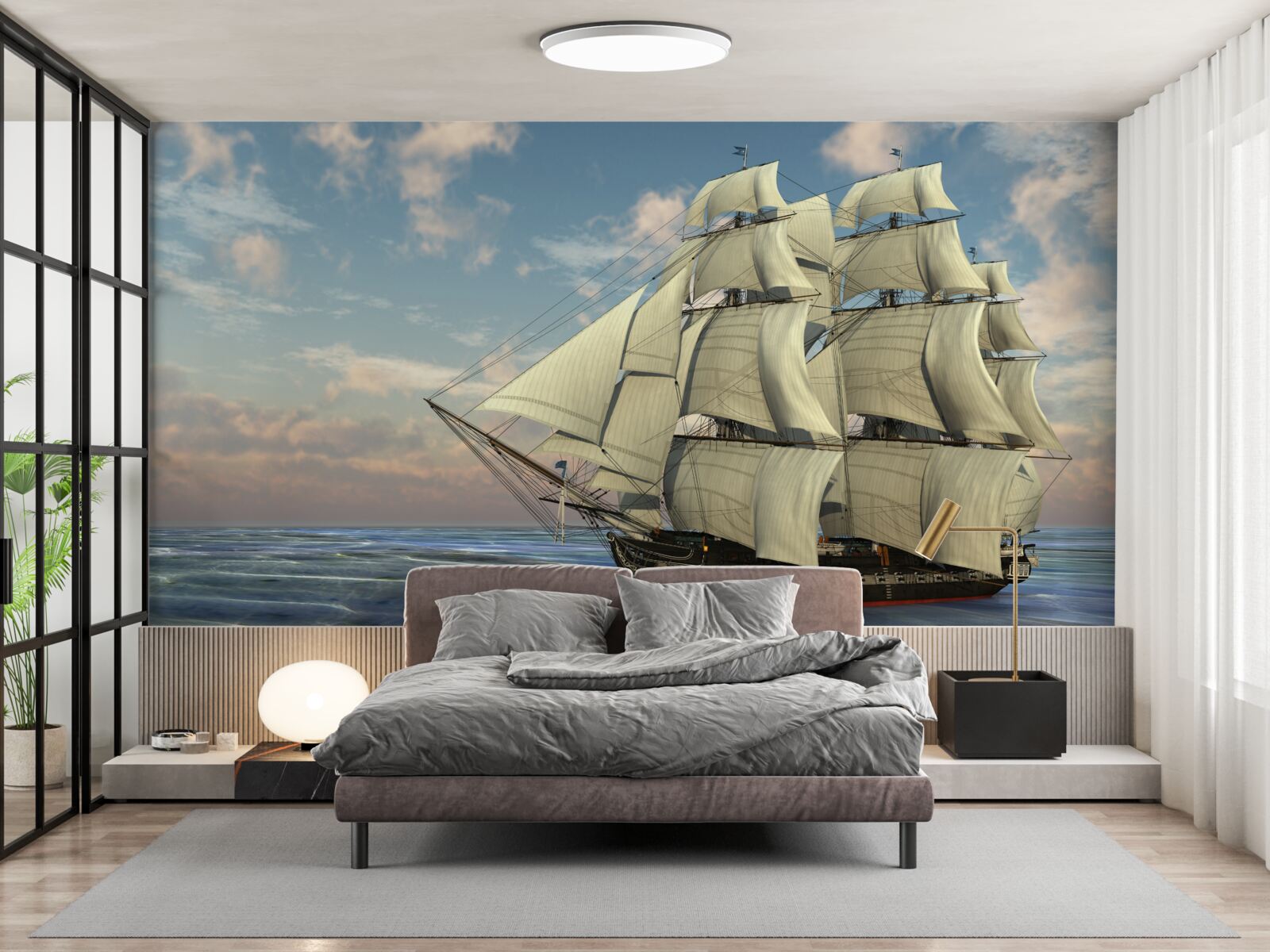 Фотошпалери величний і граціозний корабель під вітрилами на воді