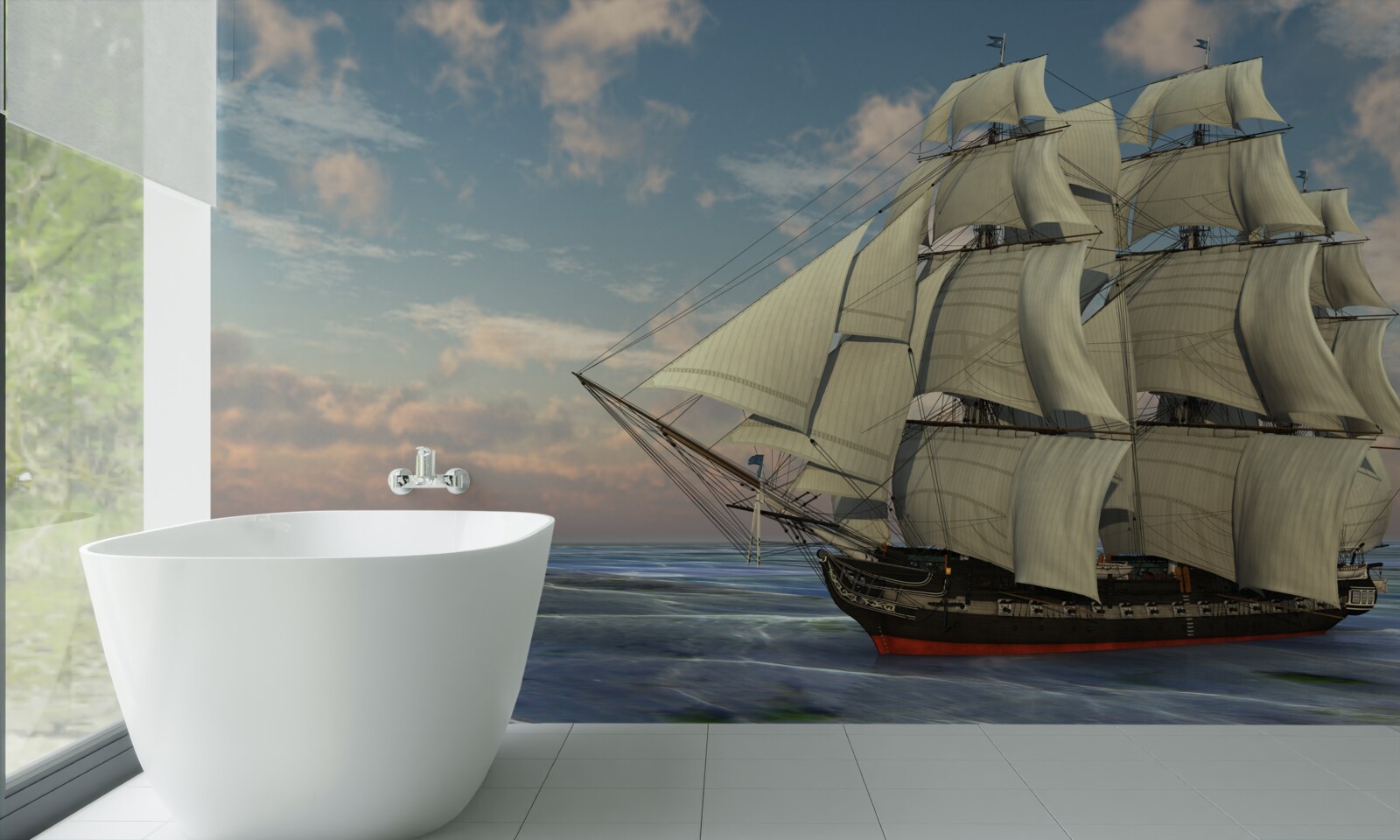 Фотошпалери величний і граціозний корабель під вітрилами на воді