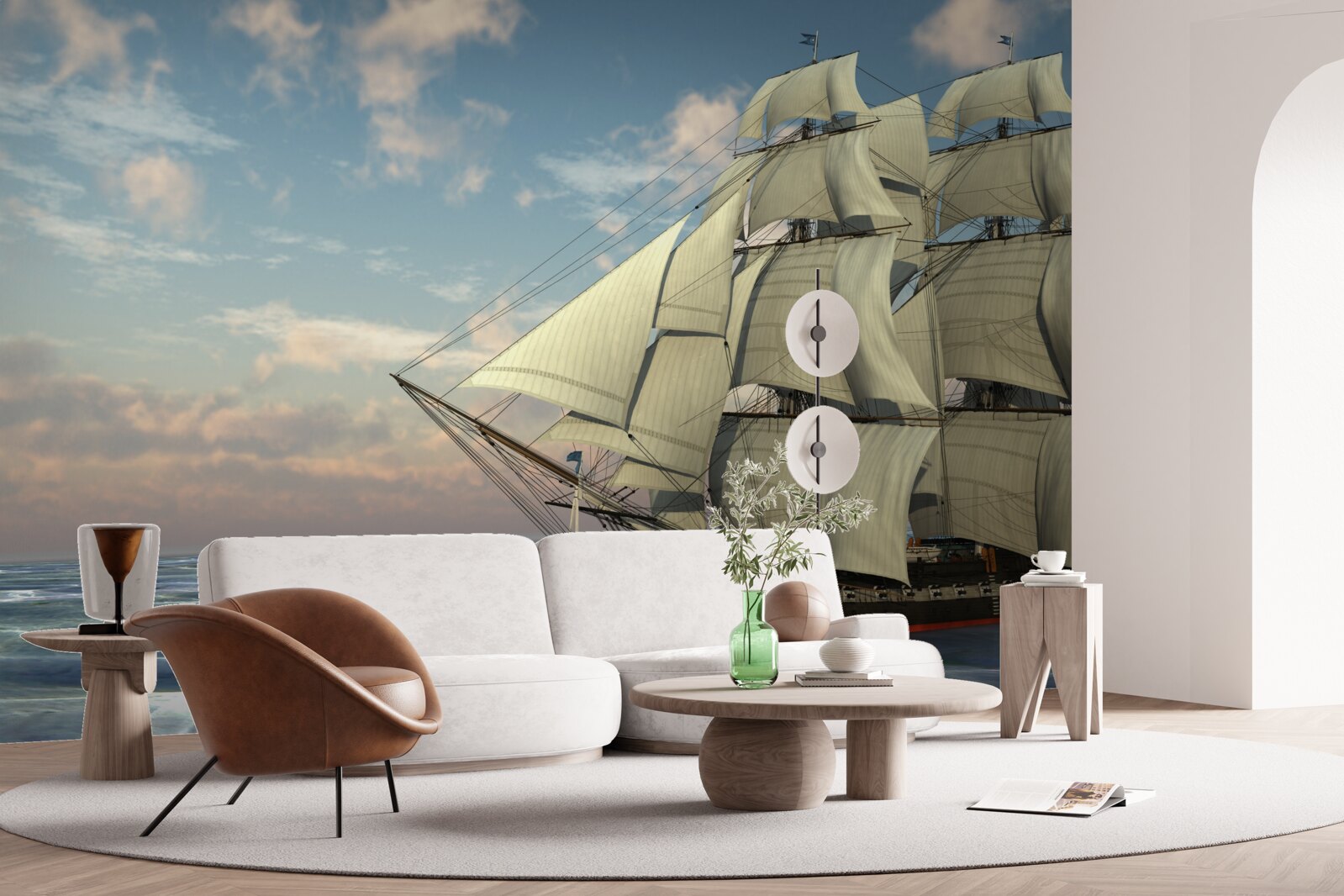 Фотошпалери величний і граціозний корабель під вітрилами на воді