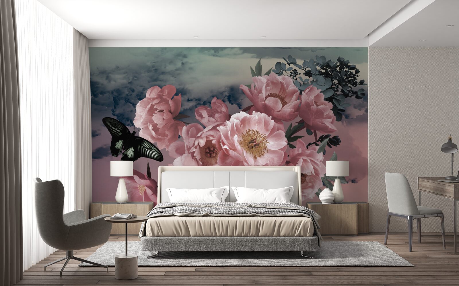 Фотошпалери темний метелик і рожеві квіти