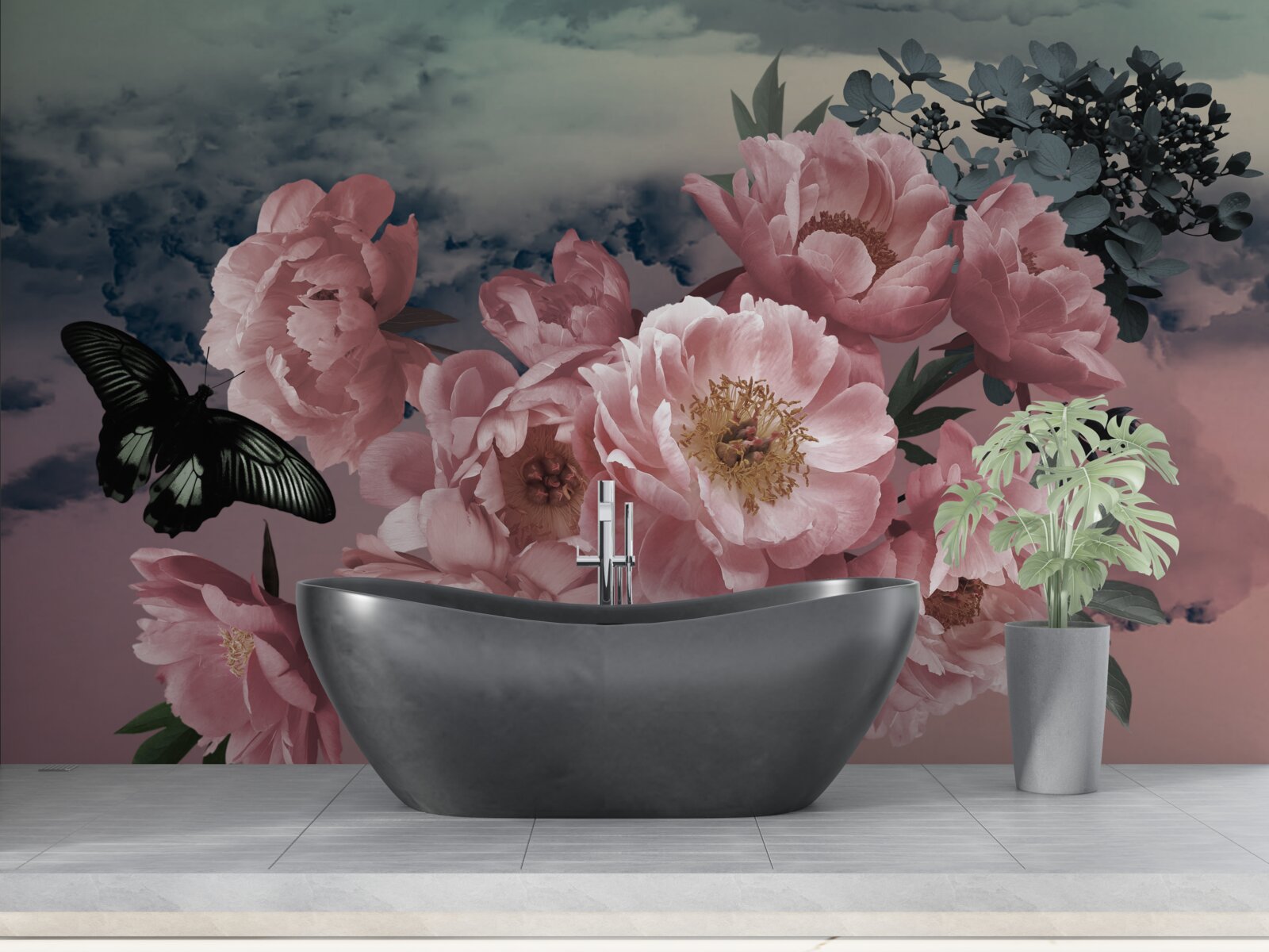 Фотошпалери темний метелик і рожеві квіти