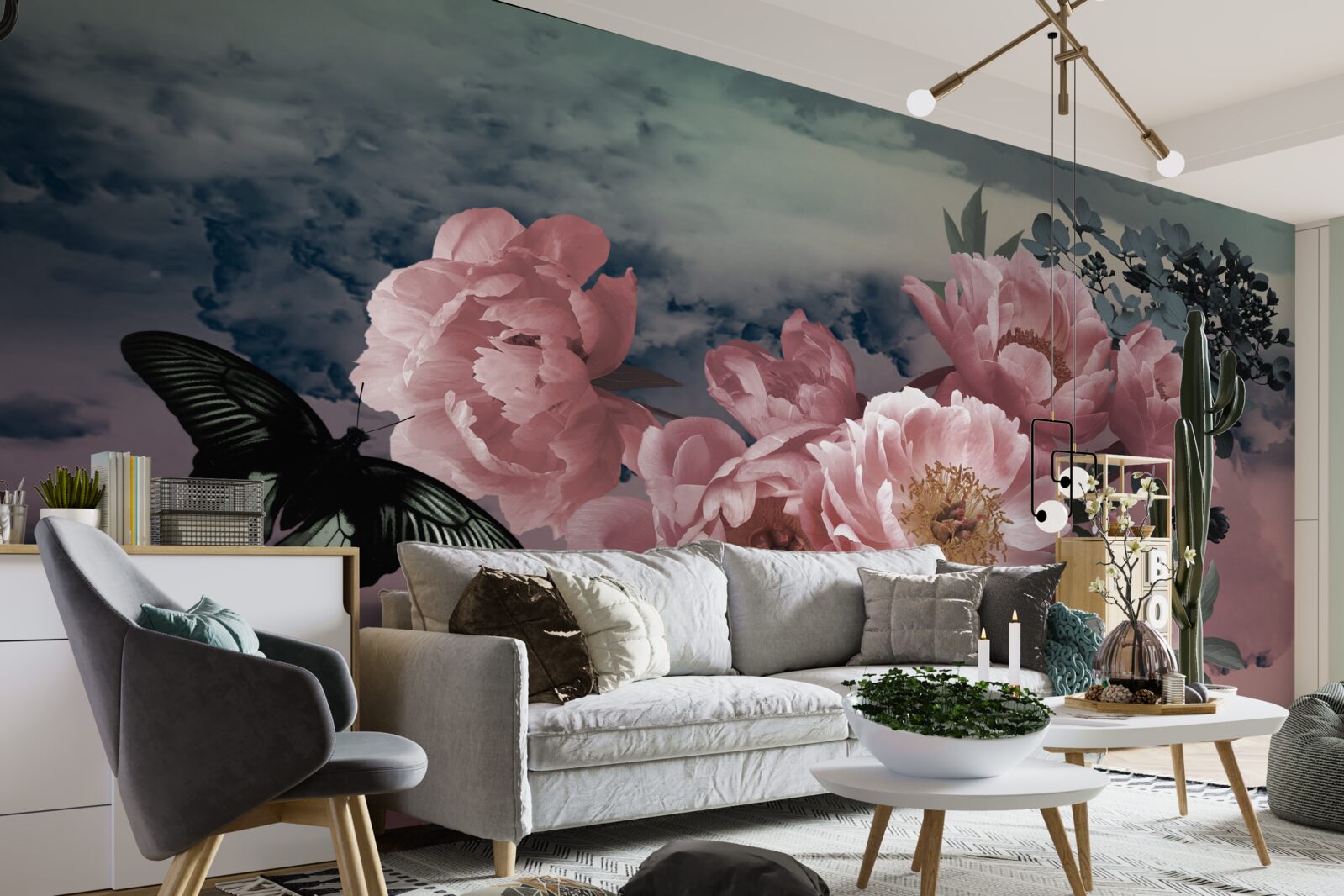 Фотошпалери темний метелик і рожеві квіти