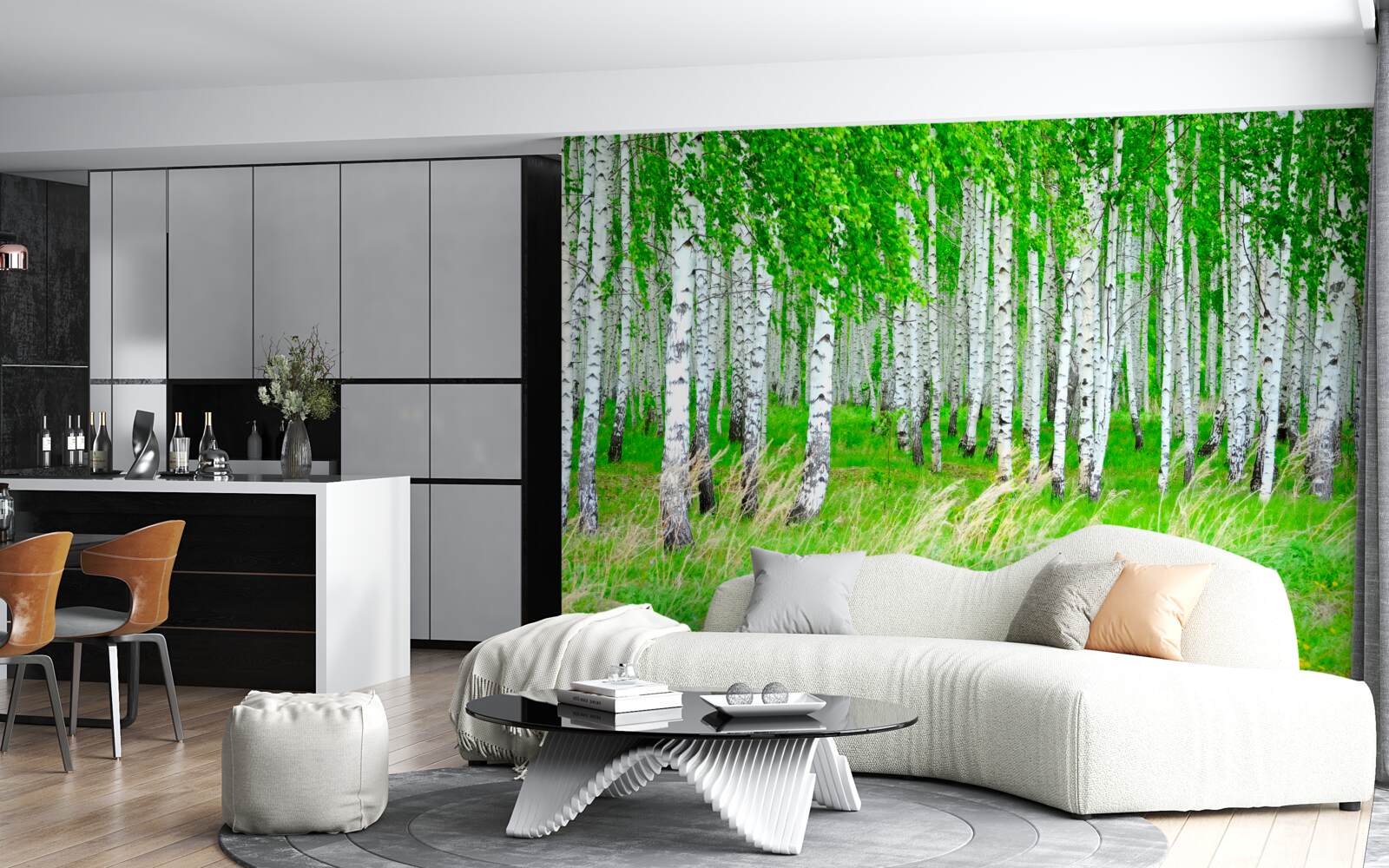 Фотошпалери поле з березами на задньому плані