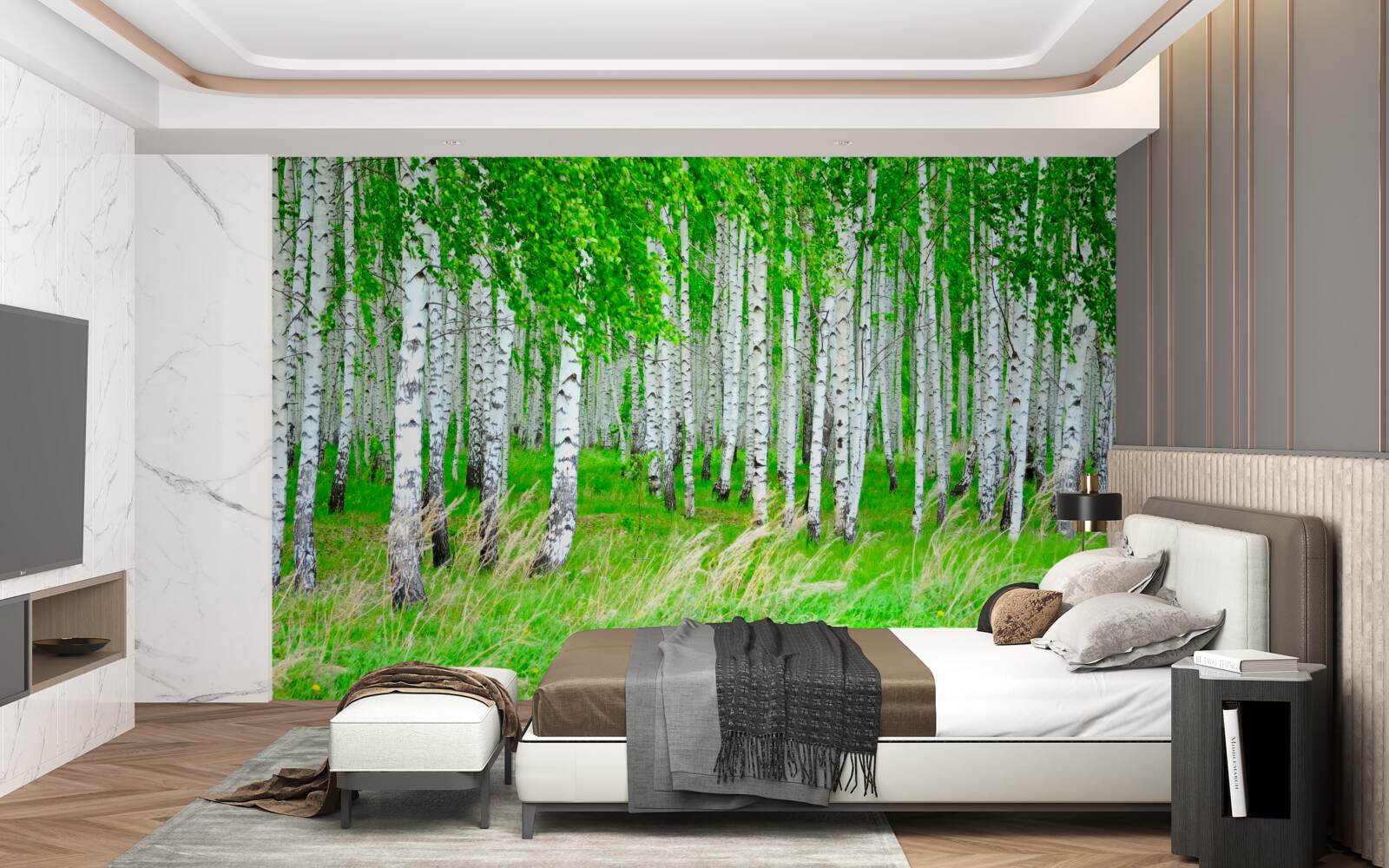 Фотошпалери поле з березами на задньому плані