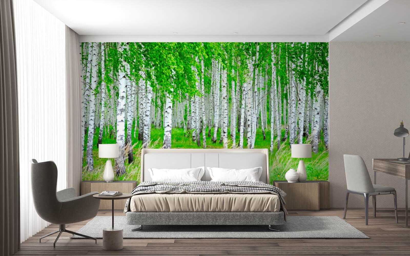 Фотошпалери поле з березами на задньому плані