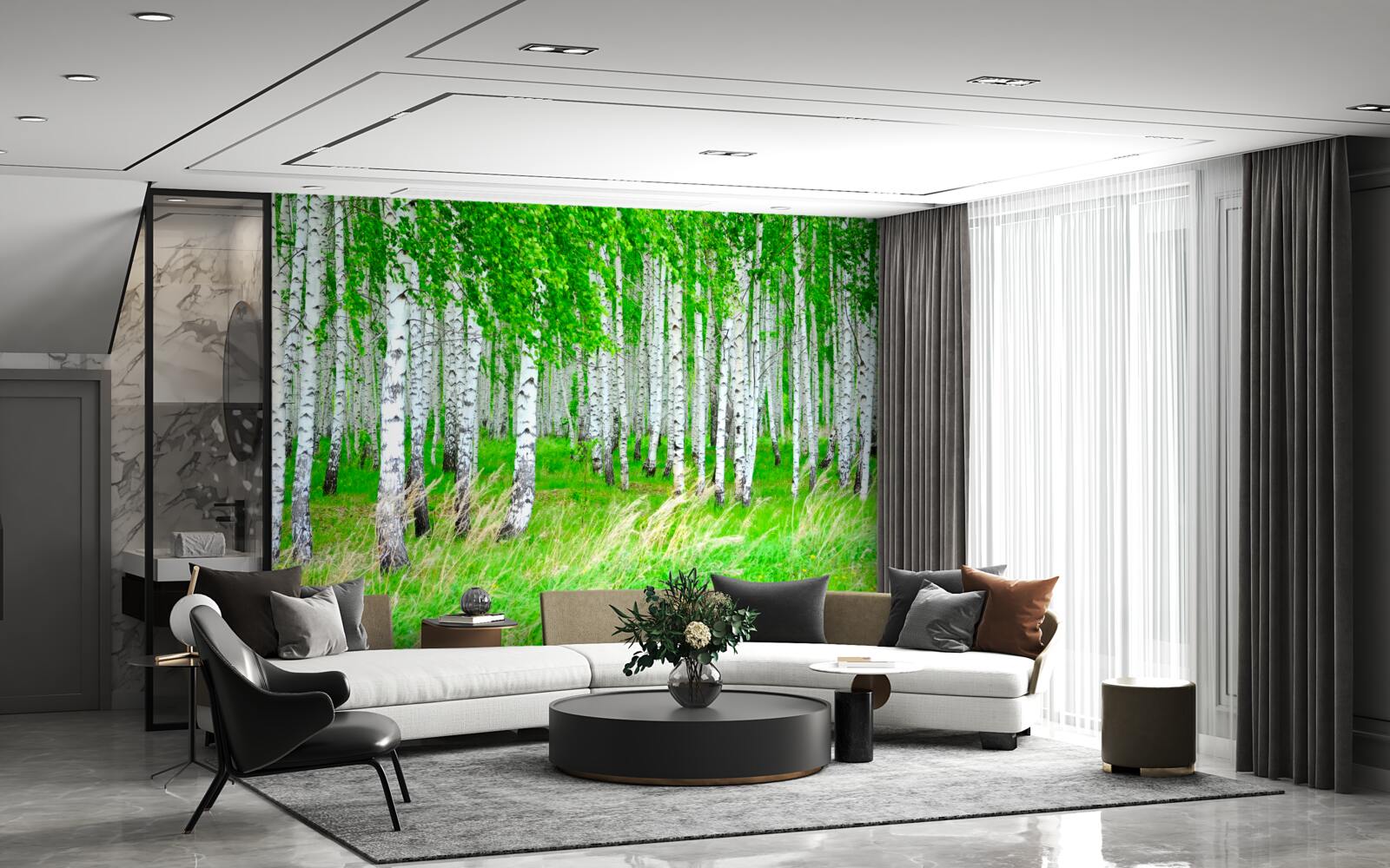 Фотошпалери поле з березами на задньому плані