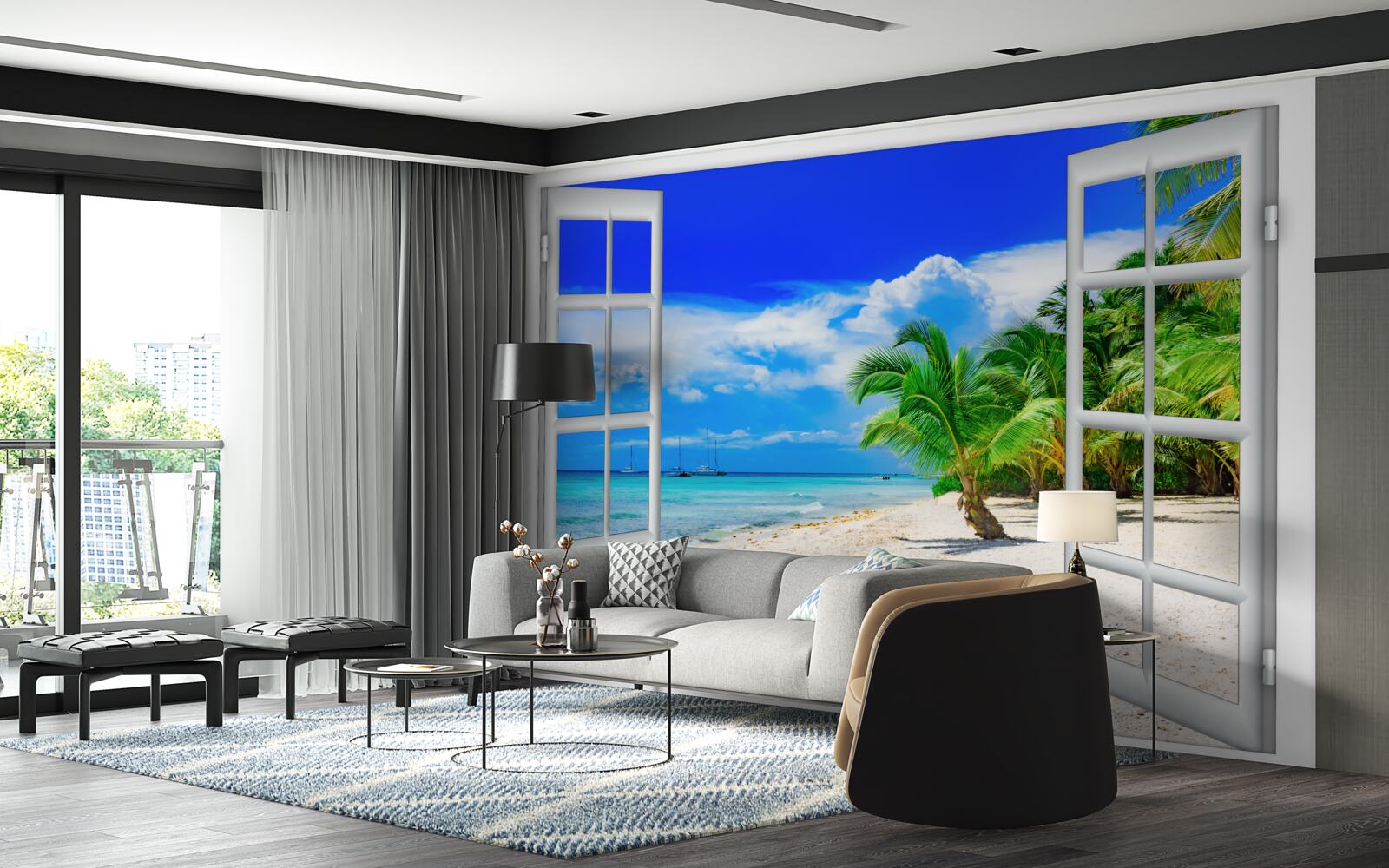 Фотошпалери вікно з видом на піщаний берег