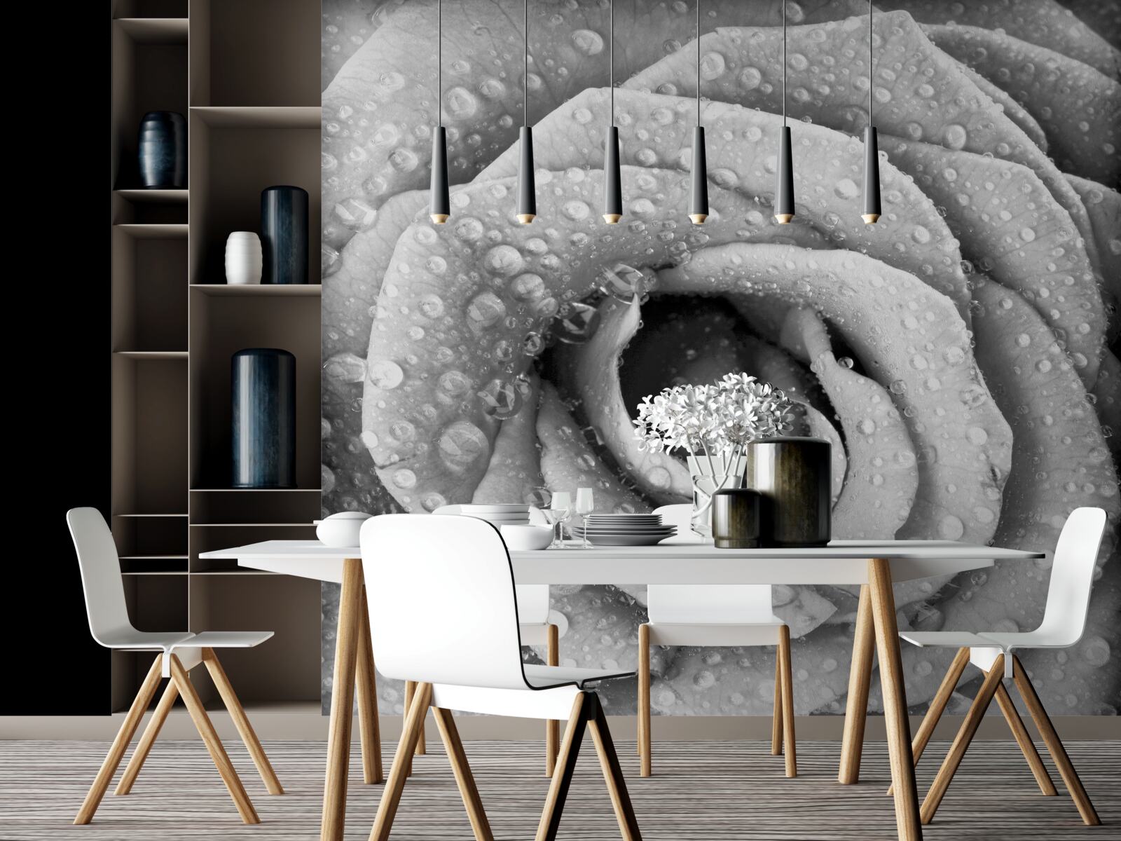 Фотошпалери троянда чорно-біла з краплями