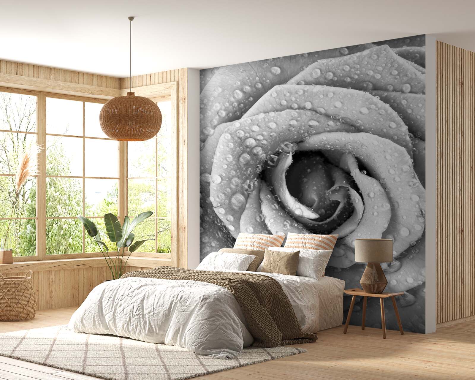 Фотошпалери троянда чорно-біла з краплями