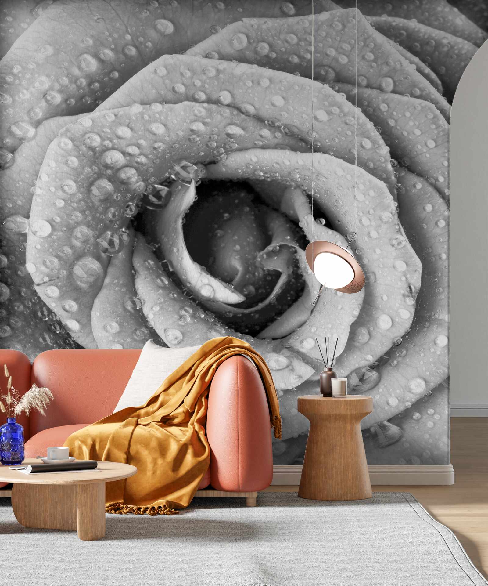 Фотошпалери троянда чорно-біла з краплями