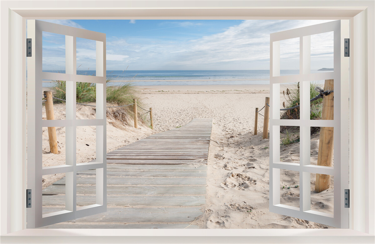 Фотошпалери відкрите вікно з видом на пляж і океан