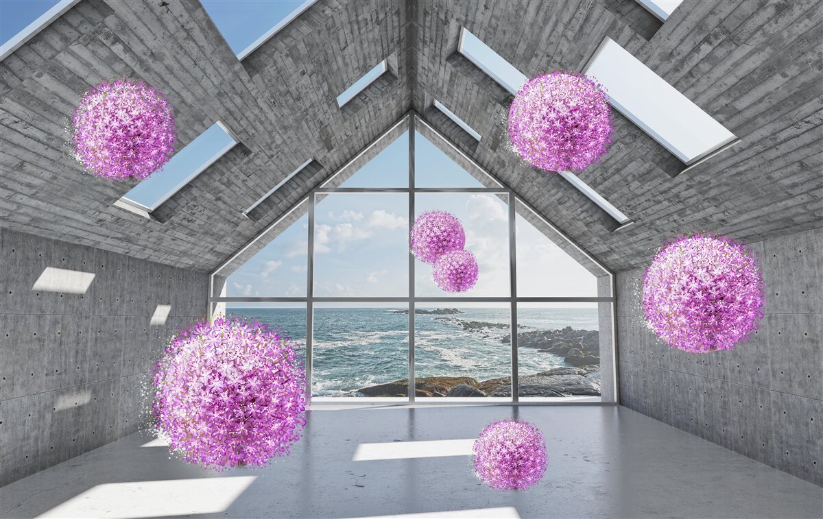 Фотошпалери фіолетові кульки та мальовничий пейзаж за вікном