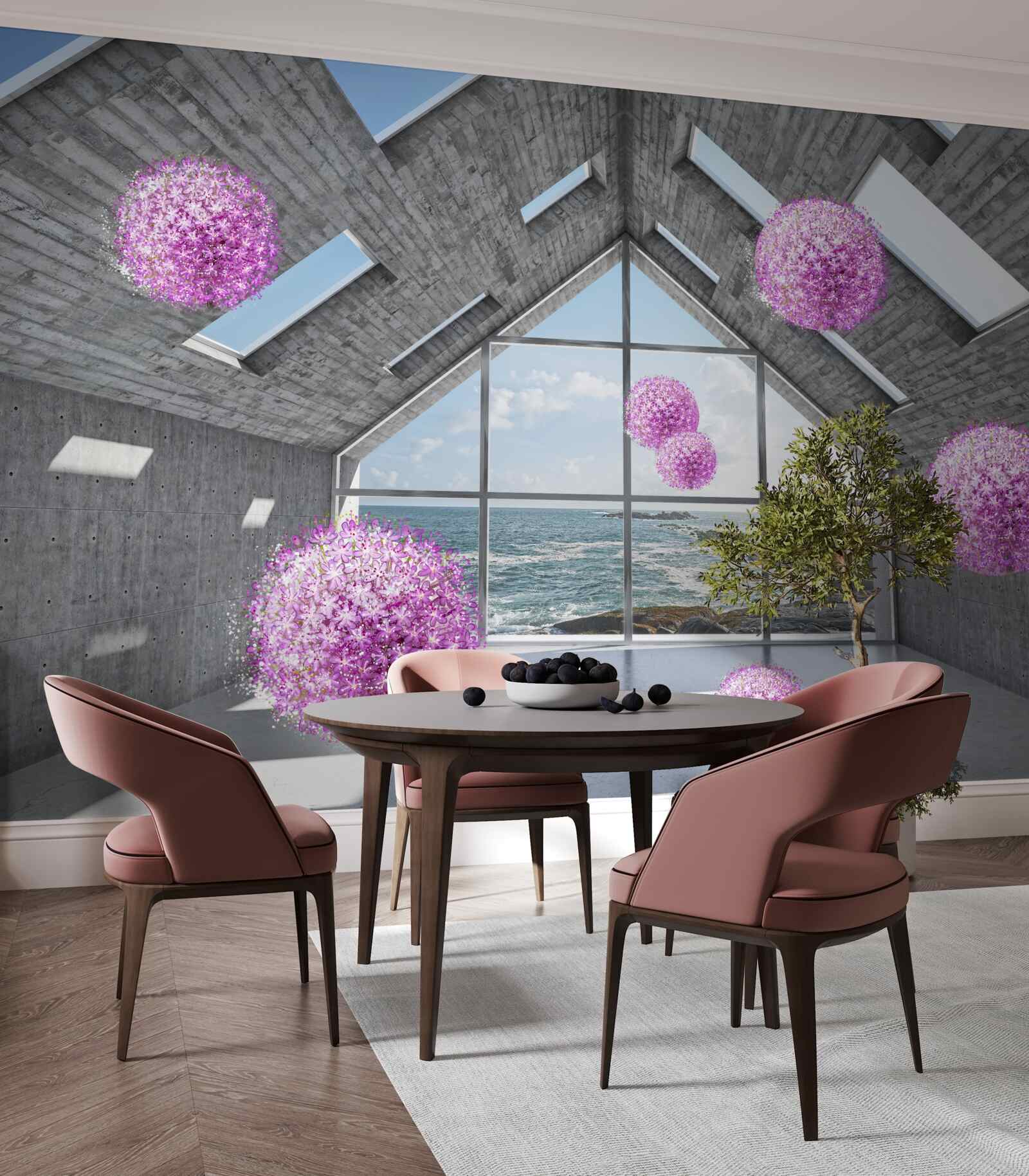 Фотошпалери фіолетові кульки та мальовничий пейзаж за вікном