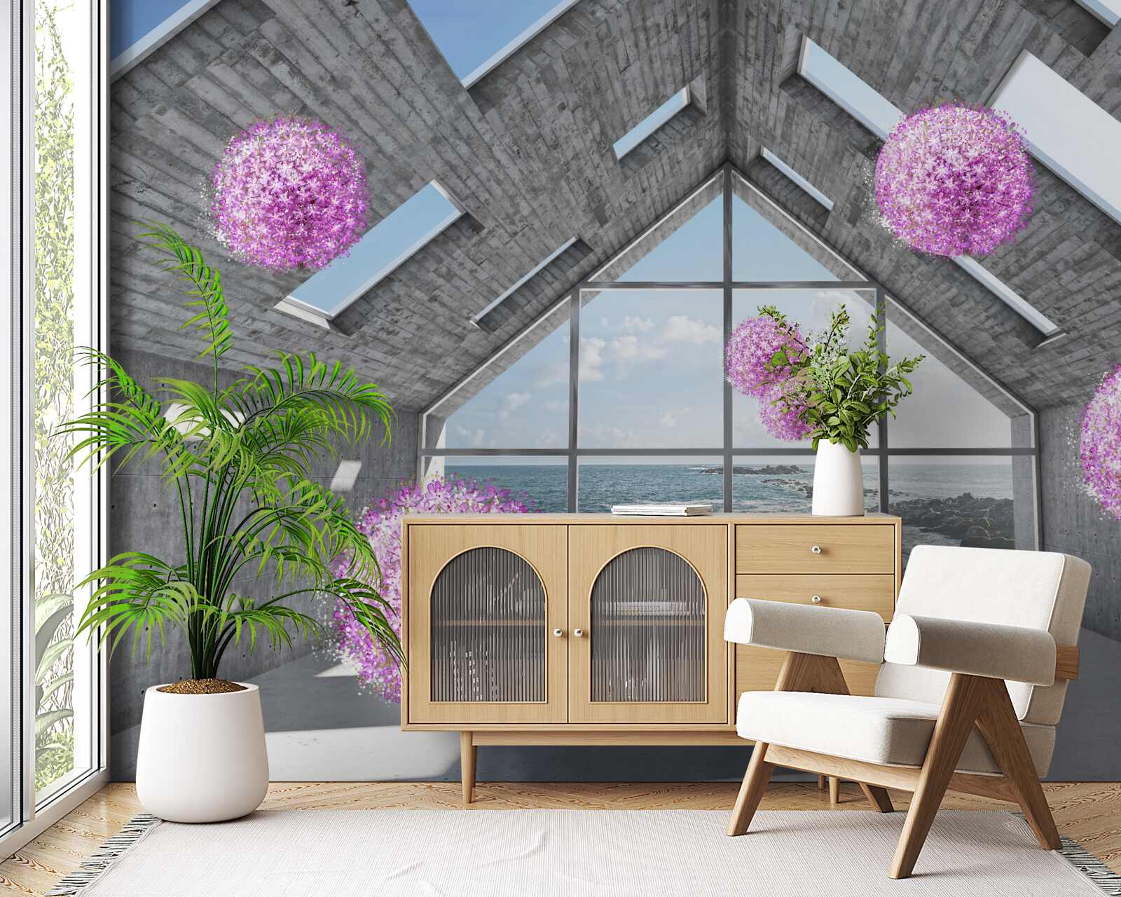 Фотошпалери фіолетові кульки та мальовничий пейзаж за вікном